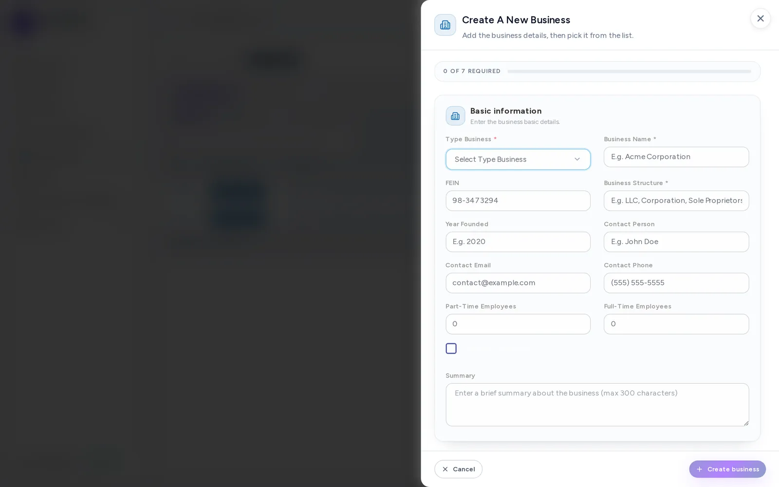 The new-business form, empty, showing 7 required fields.