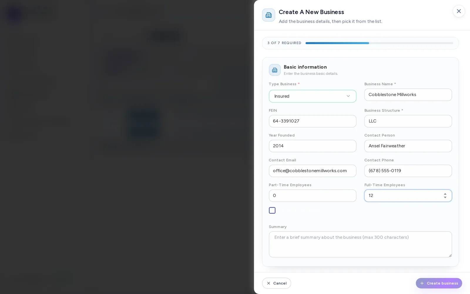 The new-business form, partly filled with a name, FEIN, structure and headcount.