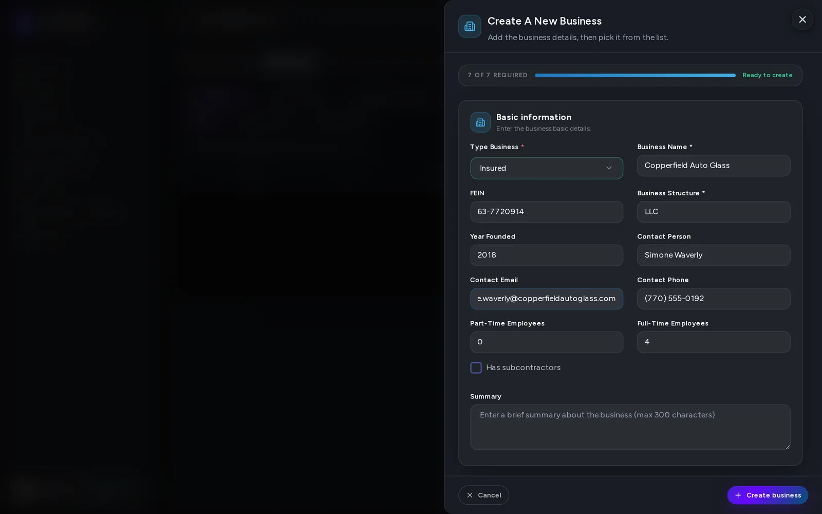 The new-business form, complete, with Create Business enabled.