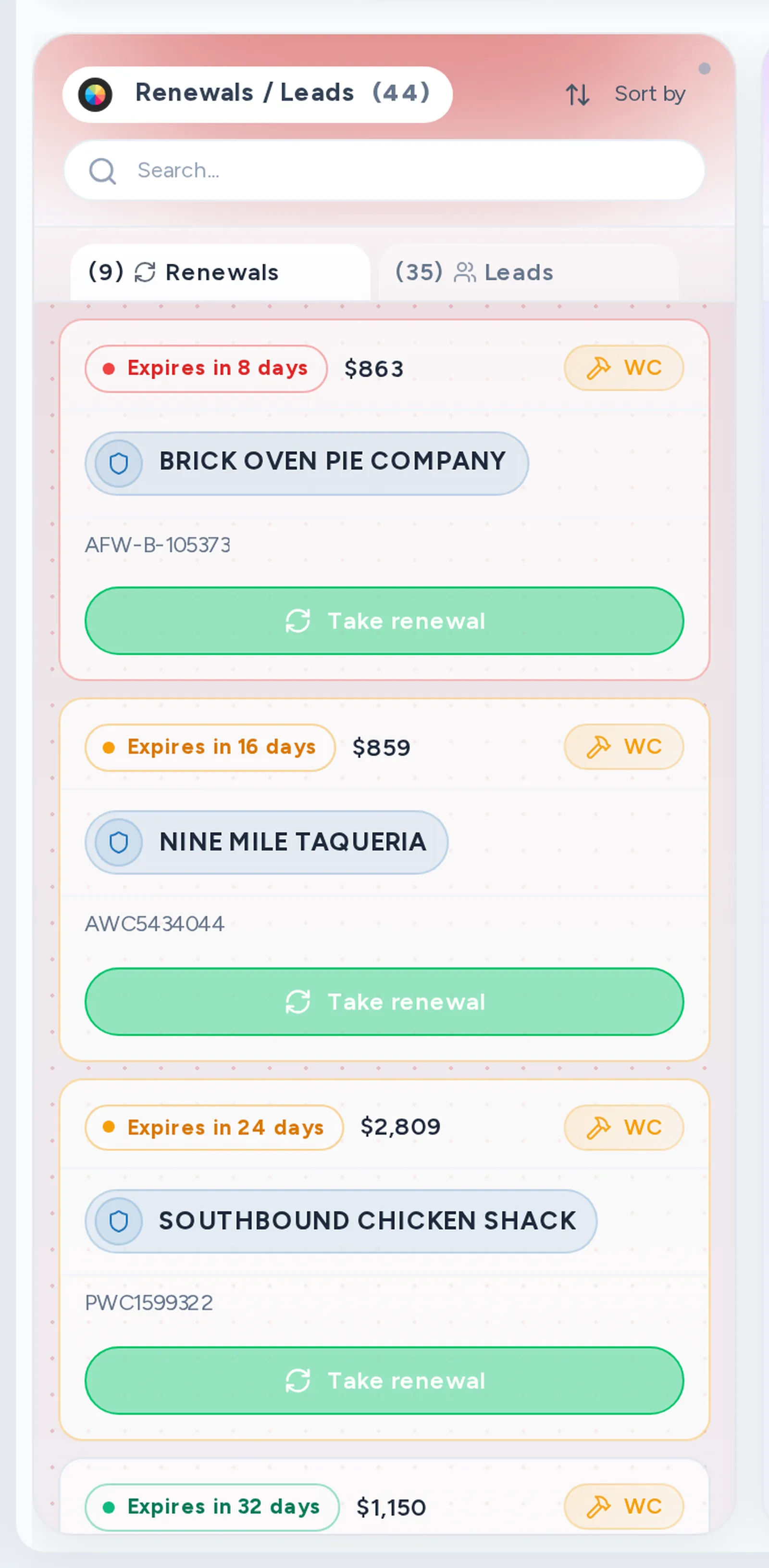 A close-up of the Renewals tab on the Pipeline board, with expiring policies and their Take renewal buttons.