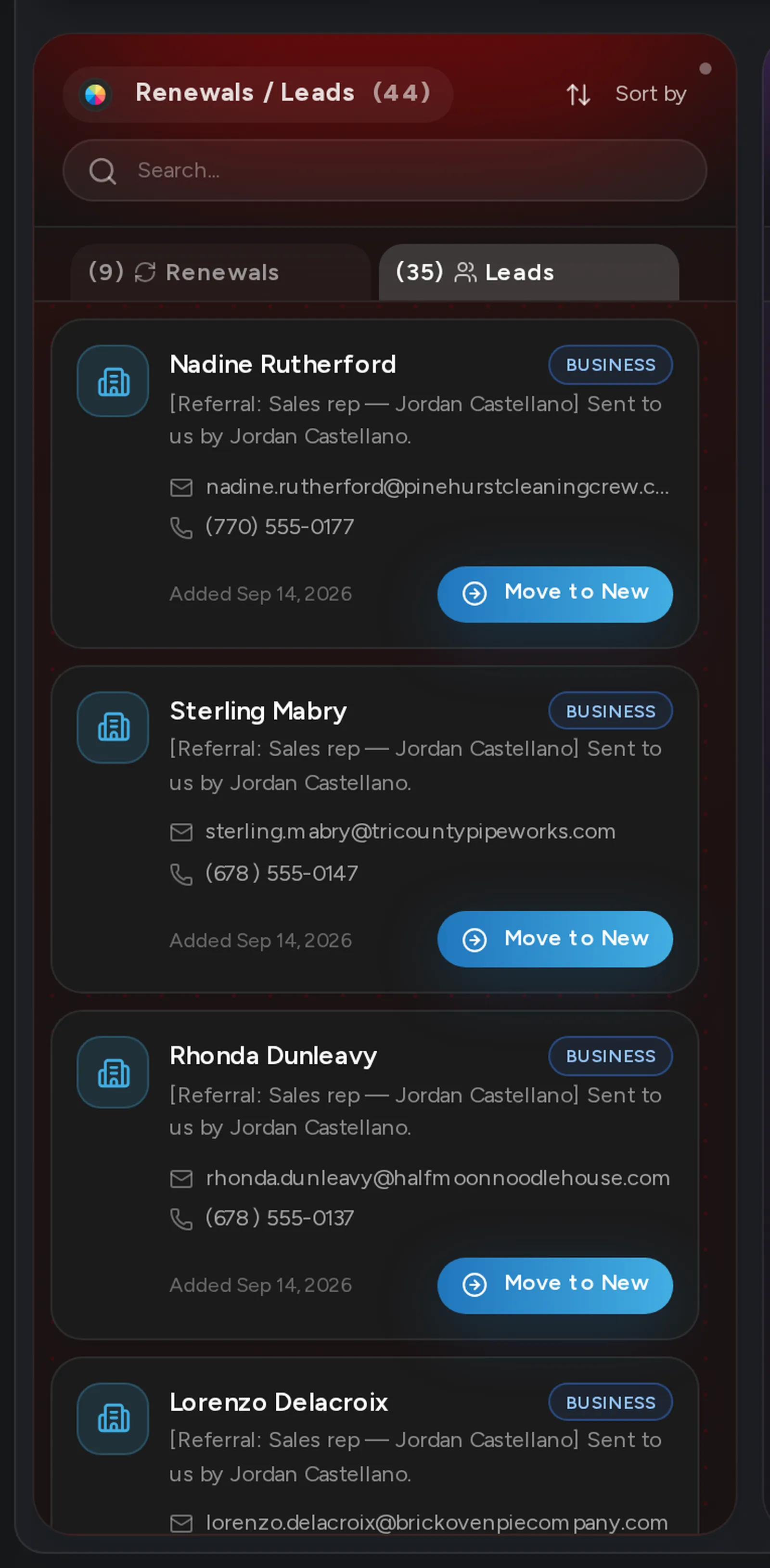 A close-up of the Leads tab on the Pipeline board, with lead cards and their Move to New buttons.