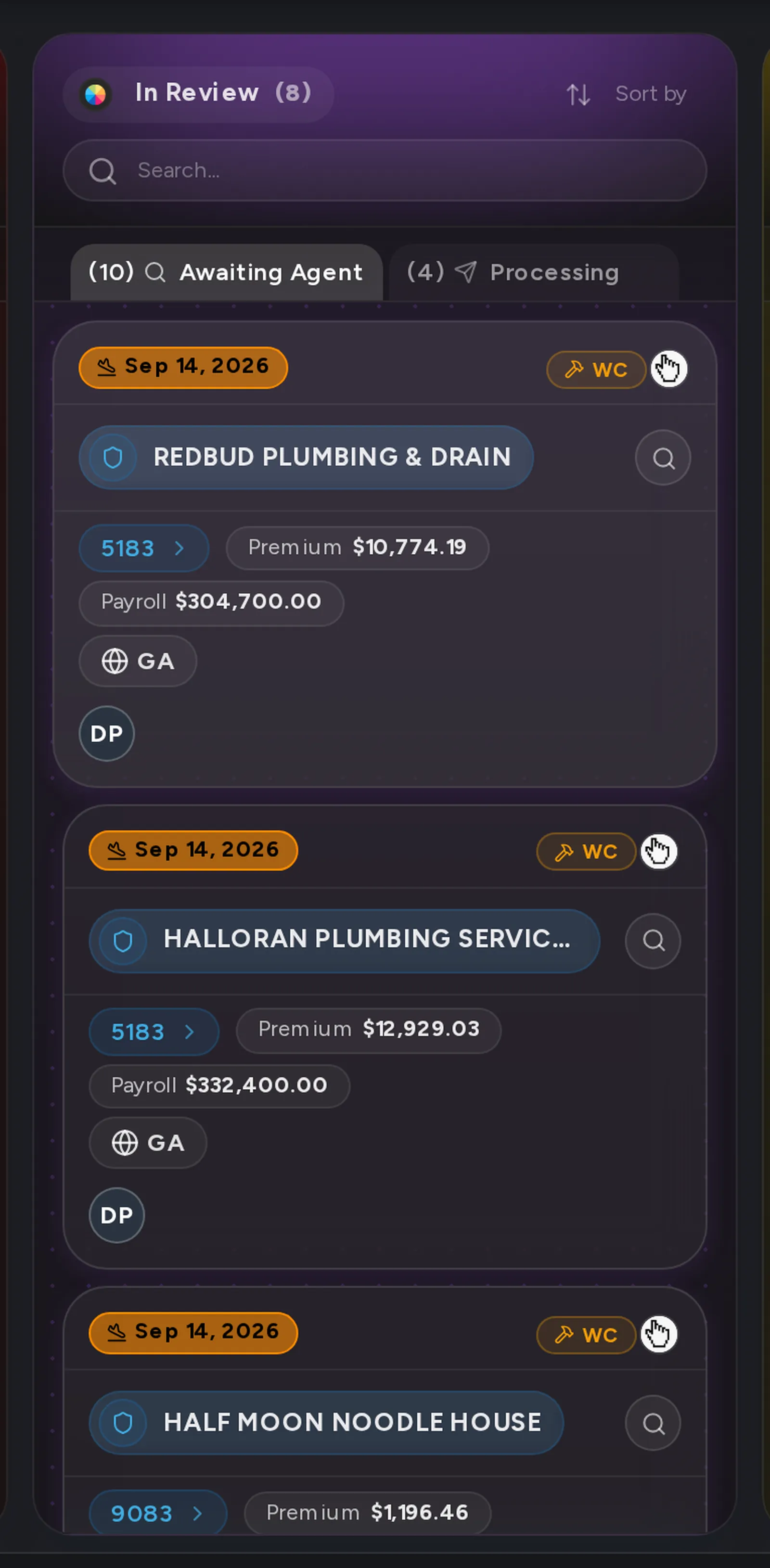 A close-up of the Awaiting Agent tab on the Pipeline board, with applications waiting for a Cennairus agent.