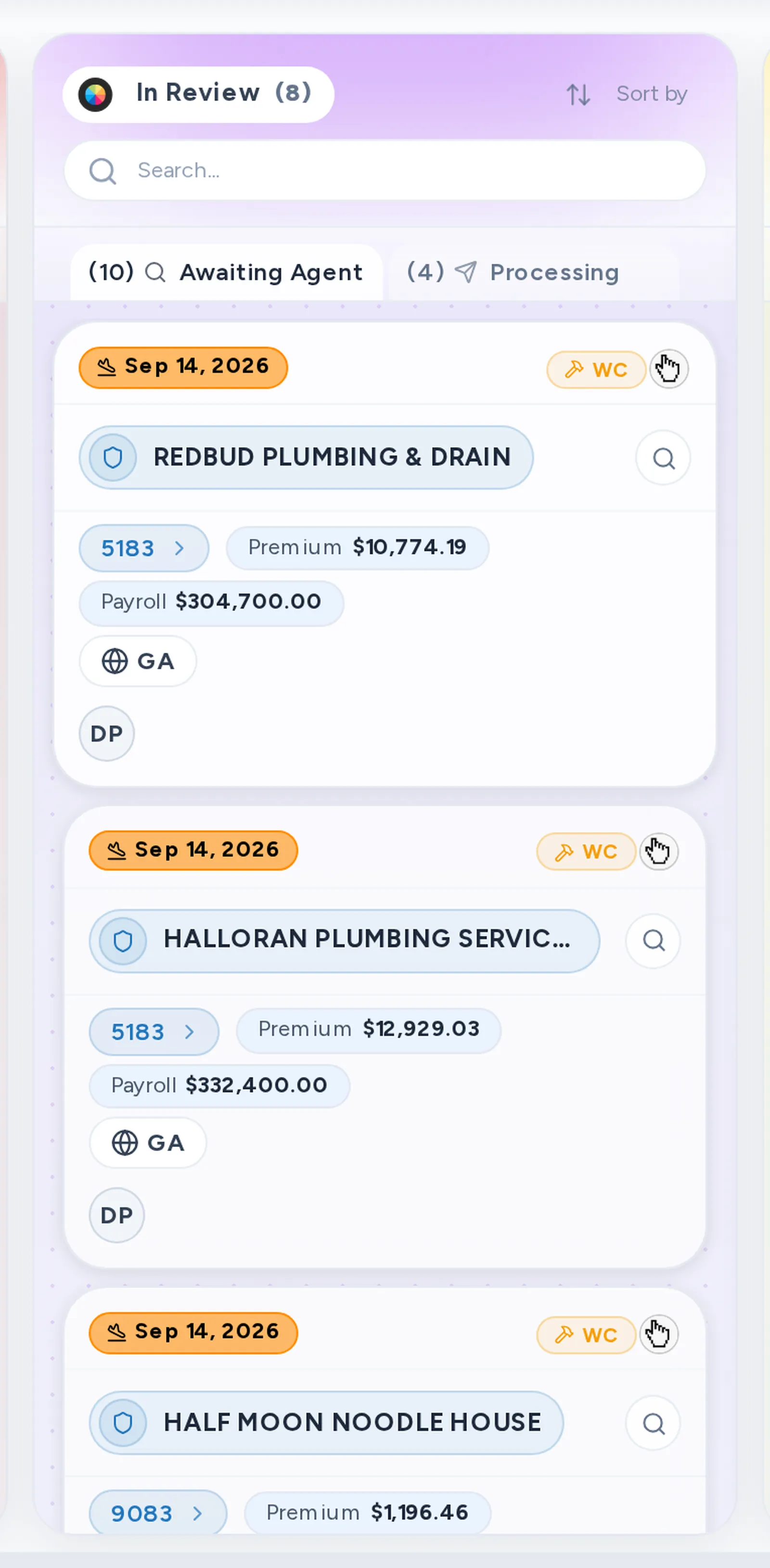 A close-up of the Awaiting Agent tab on the Pipeline board, with applications waiting for a Cennairus agent.