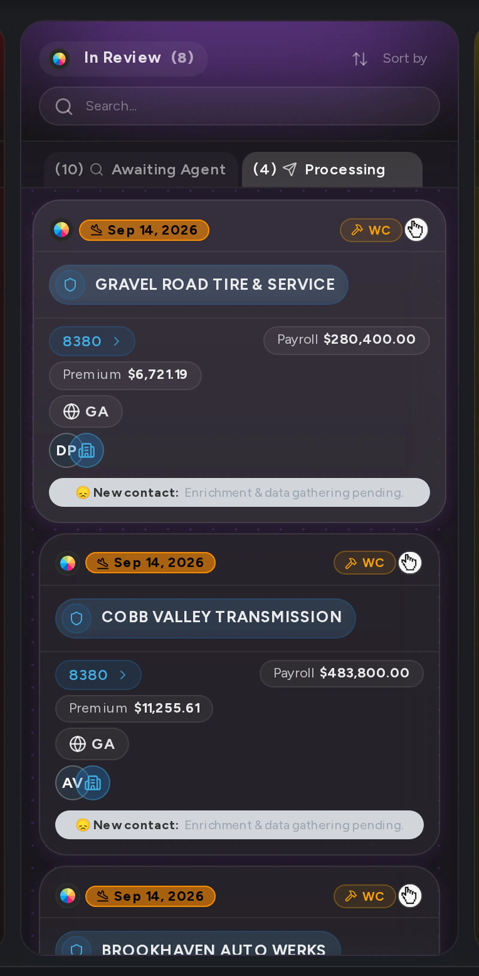 A close-up of the Processing tab on the Pipeline board, with applications running their own quote round.