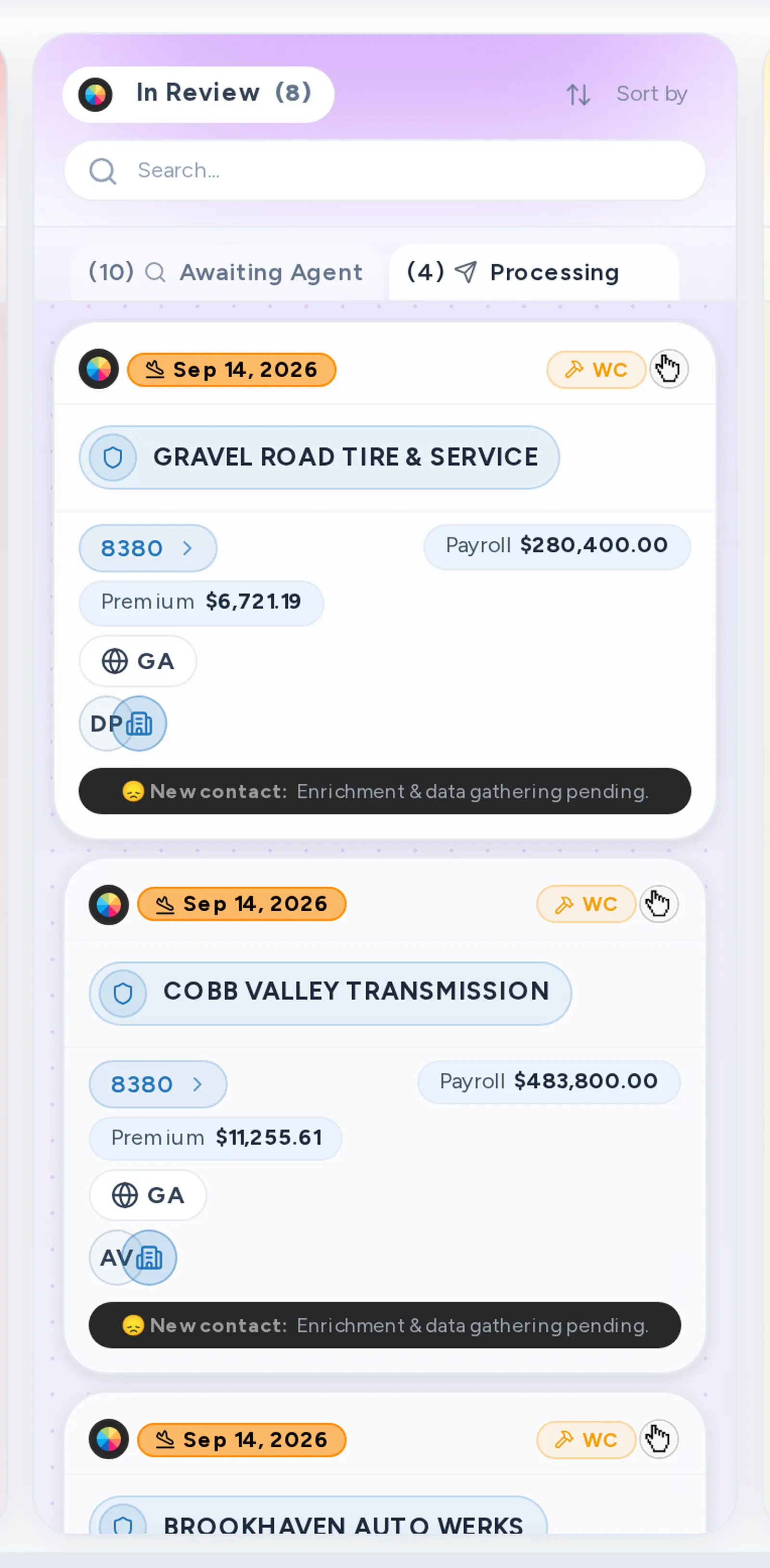 A close-up of the Processing tab on the Pipeline board, with applications running their own quote round.