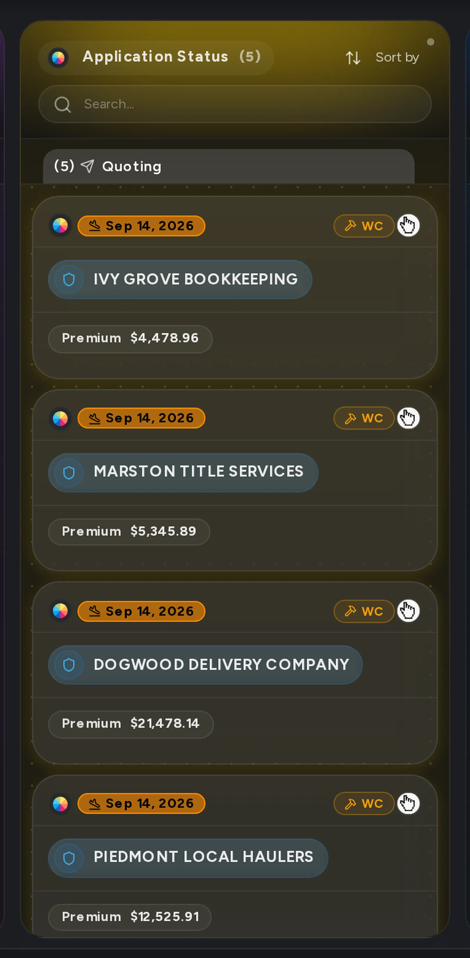A close-up of the Quoting tab on the Pipeline board, with applications the carriers have answered.