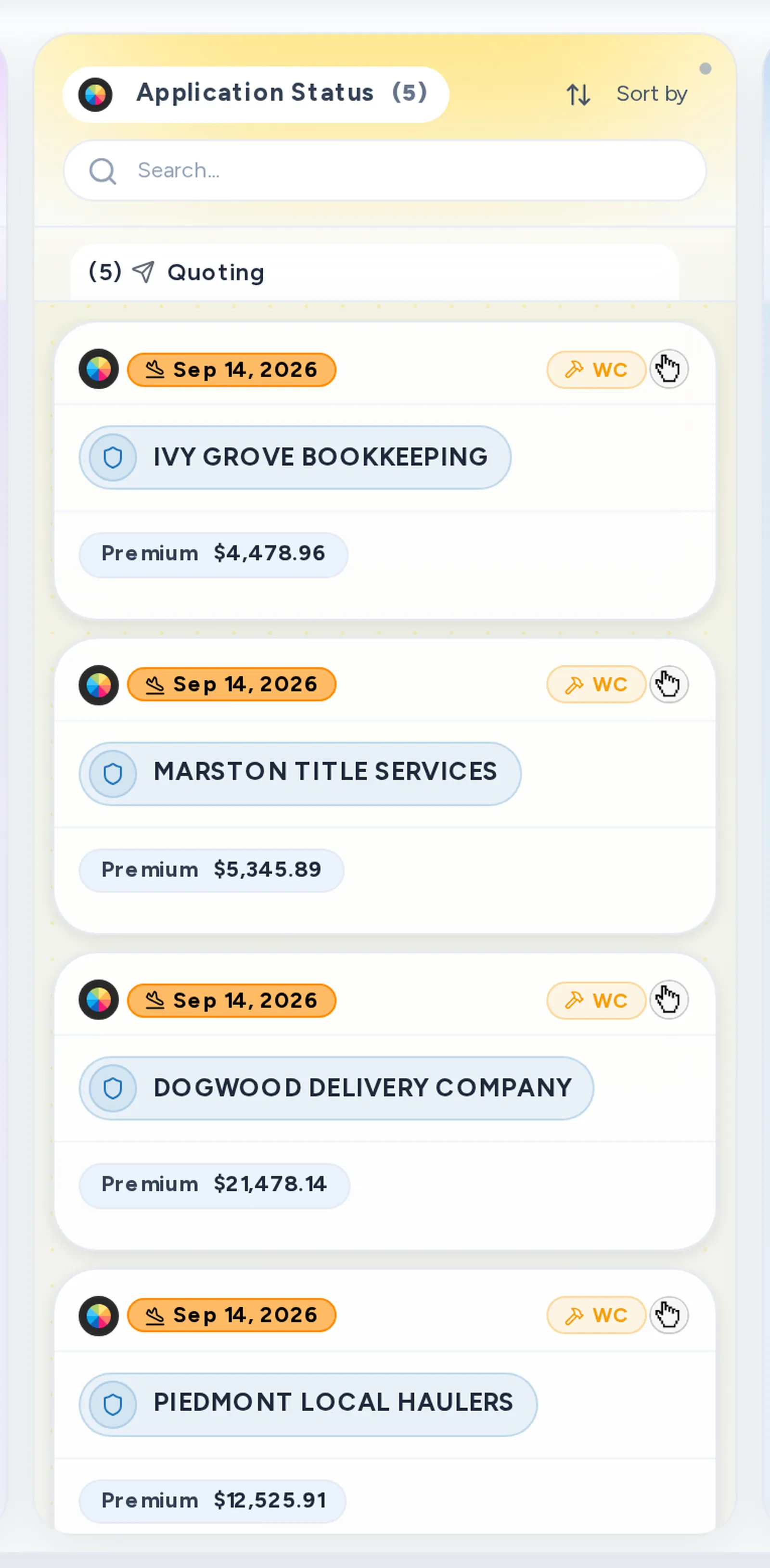 A close-up of the Quoting tab on the Pipeline board, with applications the carriers have answered.