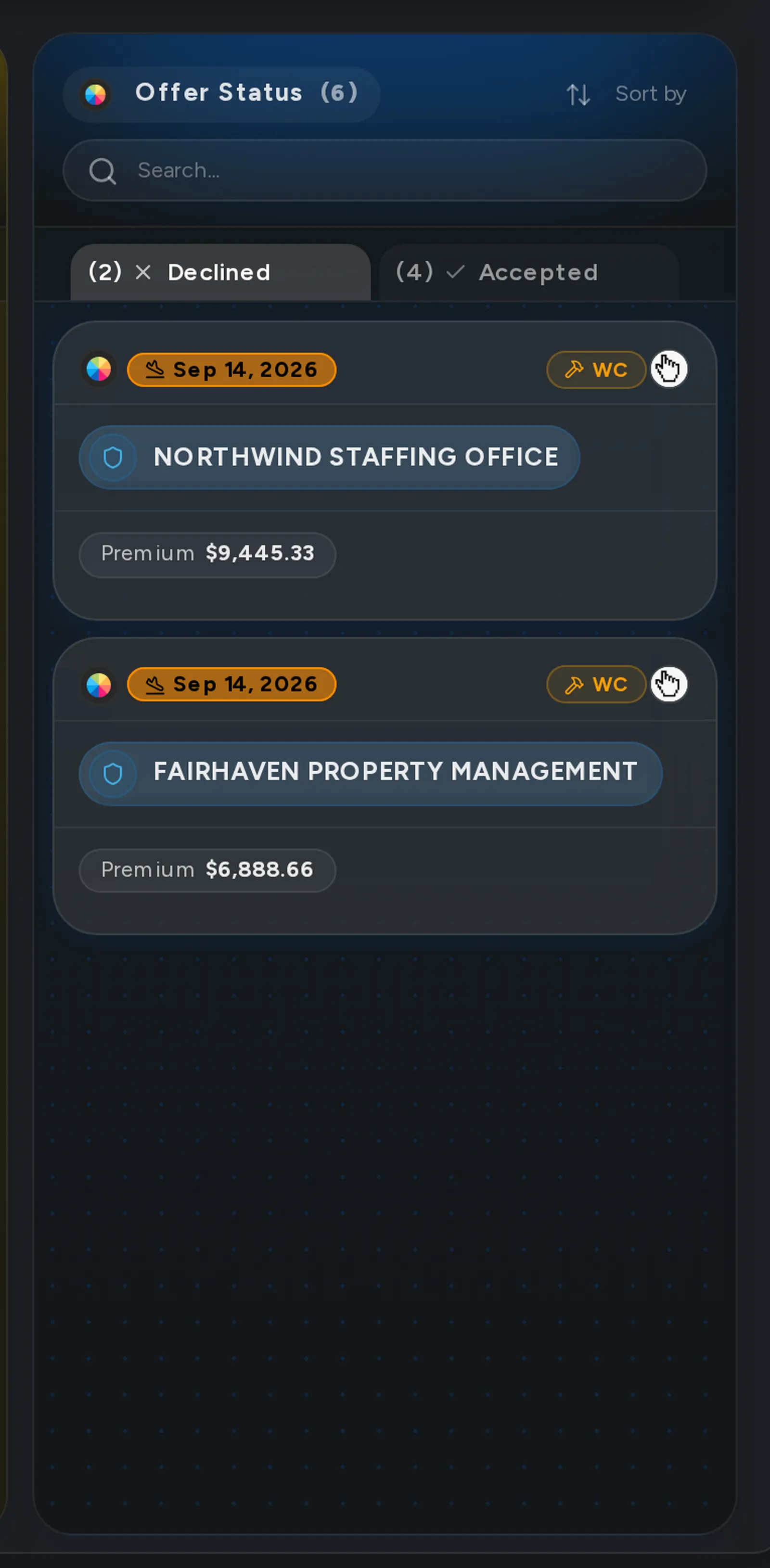 A close-up of the Declined tab on the Pipeline board, with offers the clients turned down.
