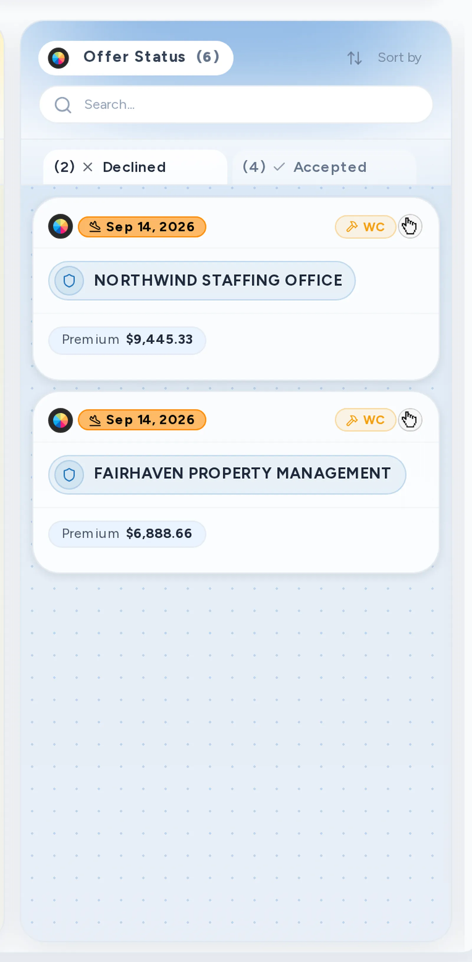 A close-up of the Declined tab on the Pipeline board, with offers the clients turned down.