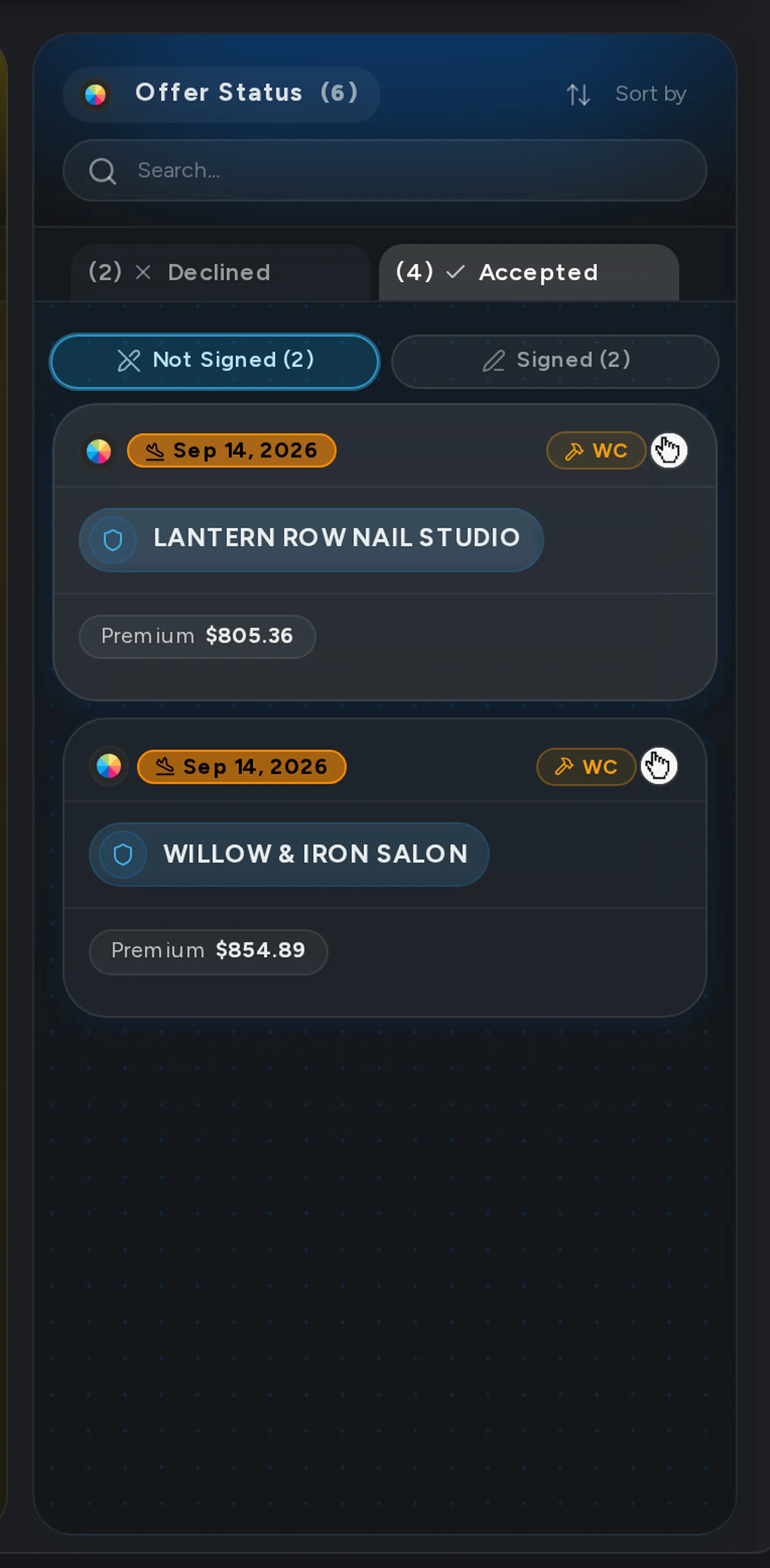 A close-up of the Not Signed tab on the Pipeline board, with accepted offers waiting for a signature.