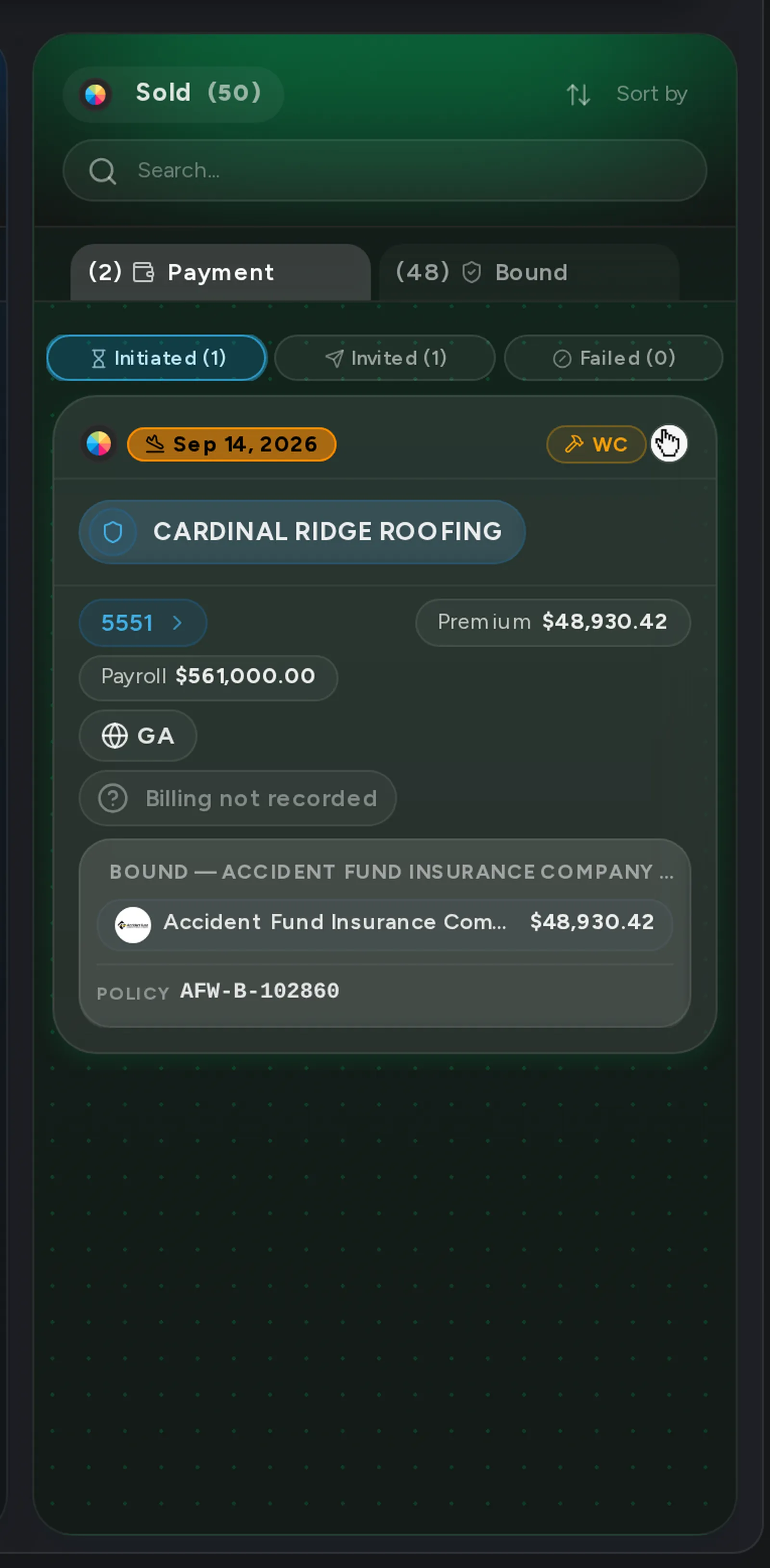 A close-up of the Initiated tab on the Pipeline board, with sold deals that have reached payment.