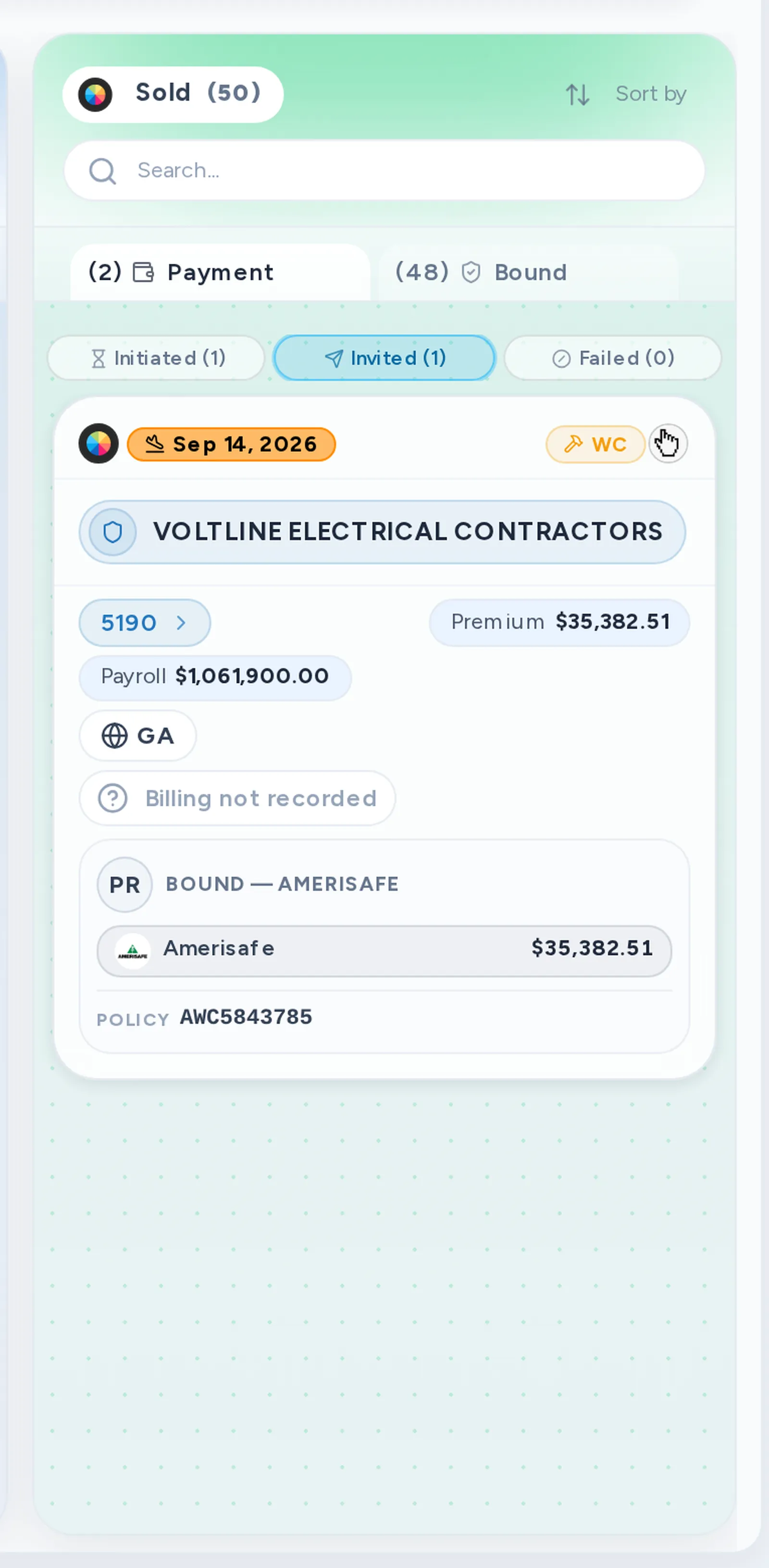 A close-up of the Invited tab on the Pipeline board, with deals whose payment link is out.