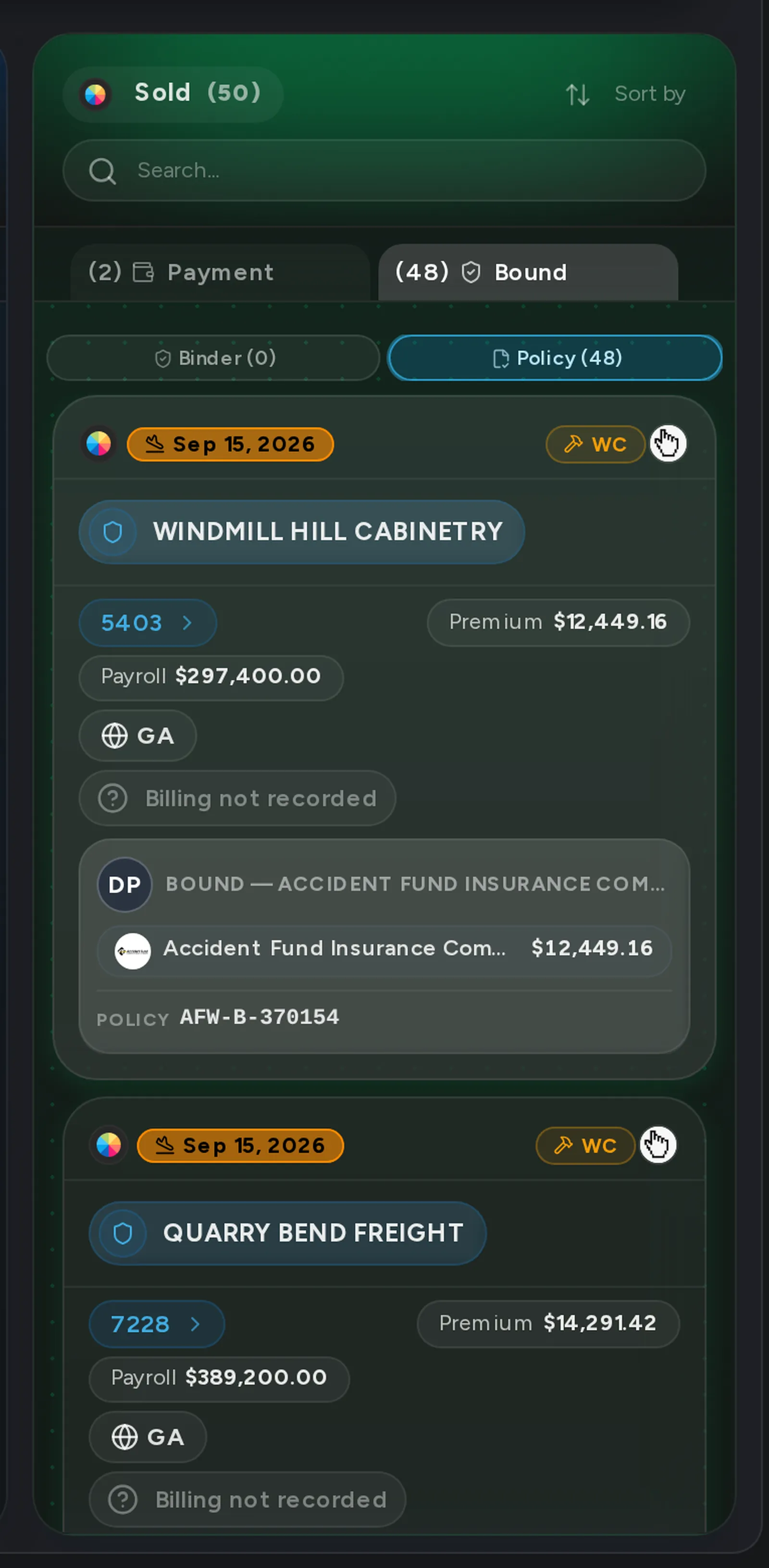 A close-up of the Policy tab on the Pipeline board, with policies the carrier has issued.