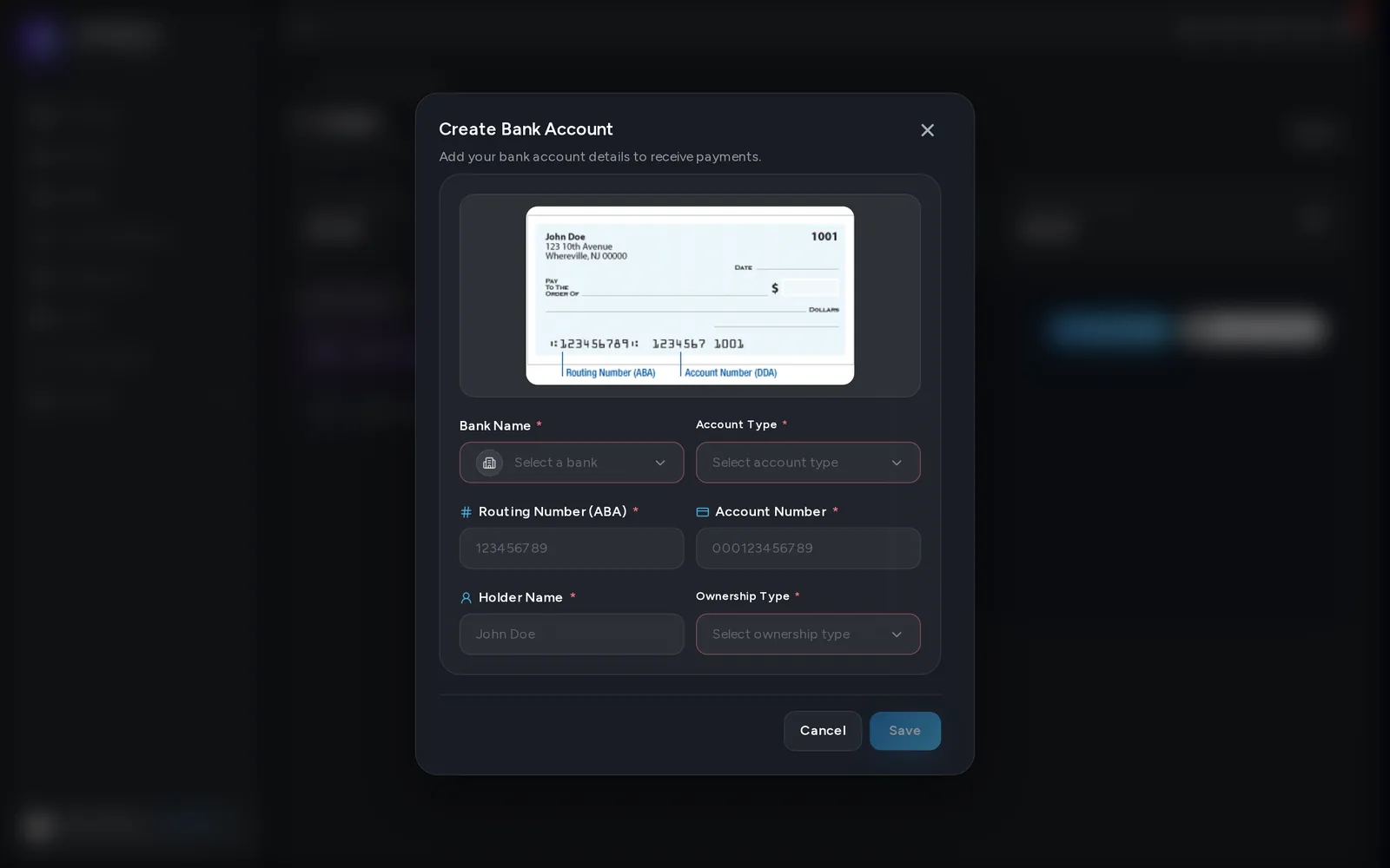 The Enter Bank Details form.