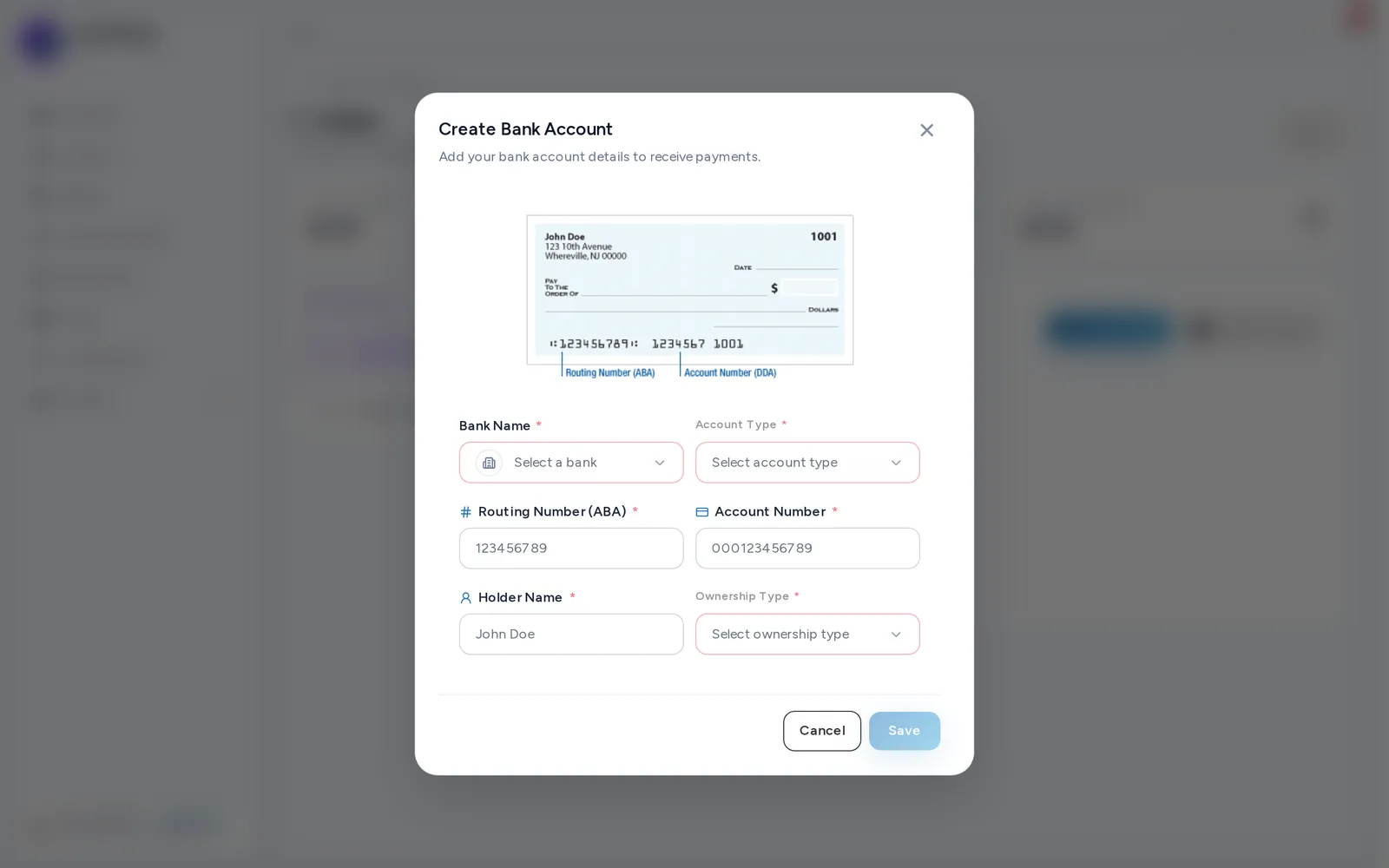 The Enter Bank Details form.