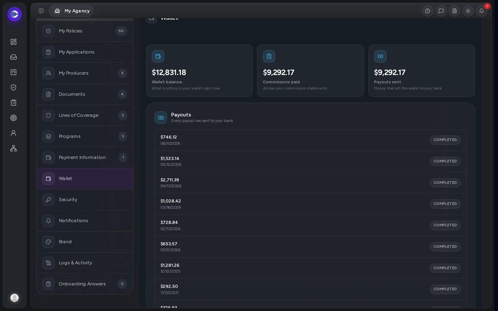 The real Wallet tab under My Agency, showing balance and payout history.