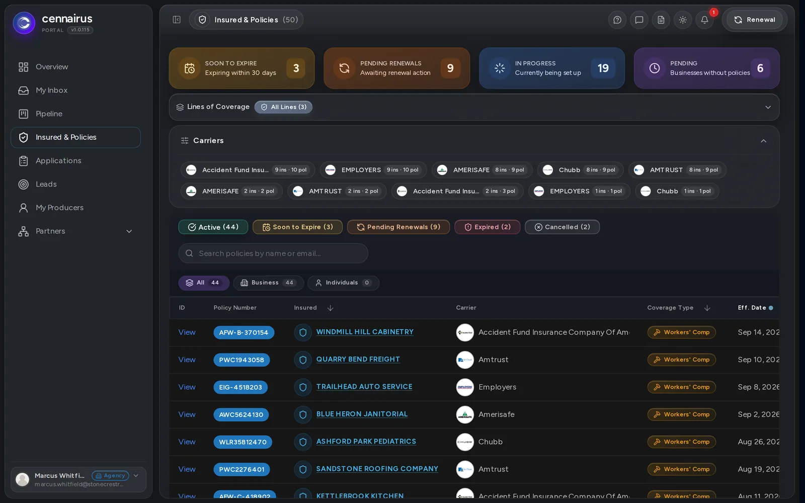 Insured & Policies list, showing every policy by status and carrier.