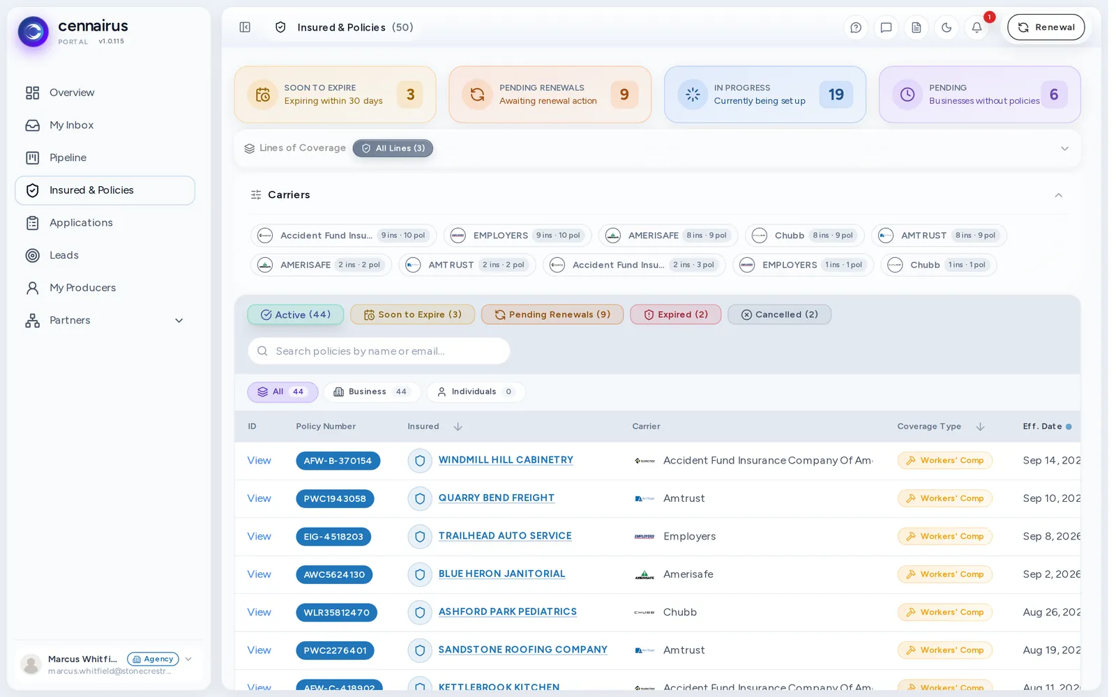 Insured & Policies list, showing every policy by status and carrier.