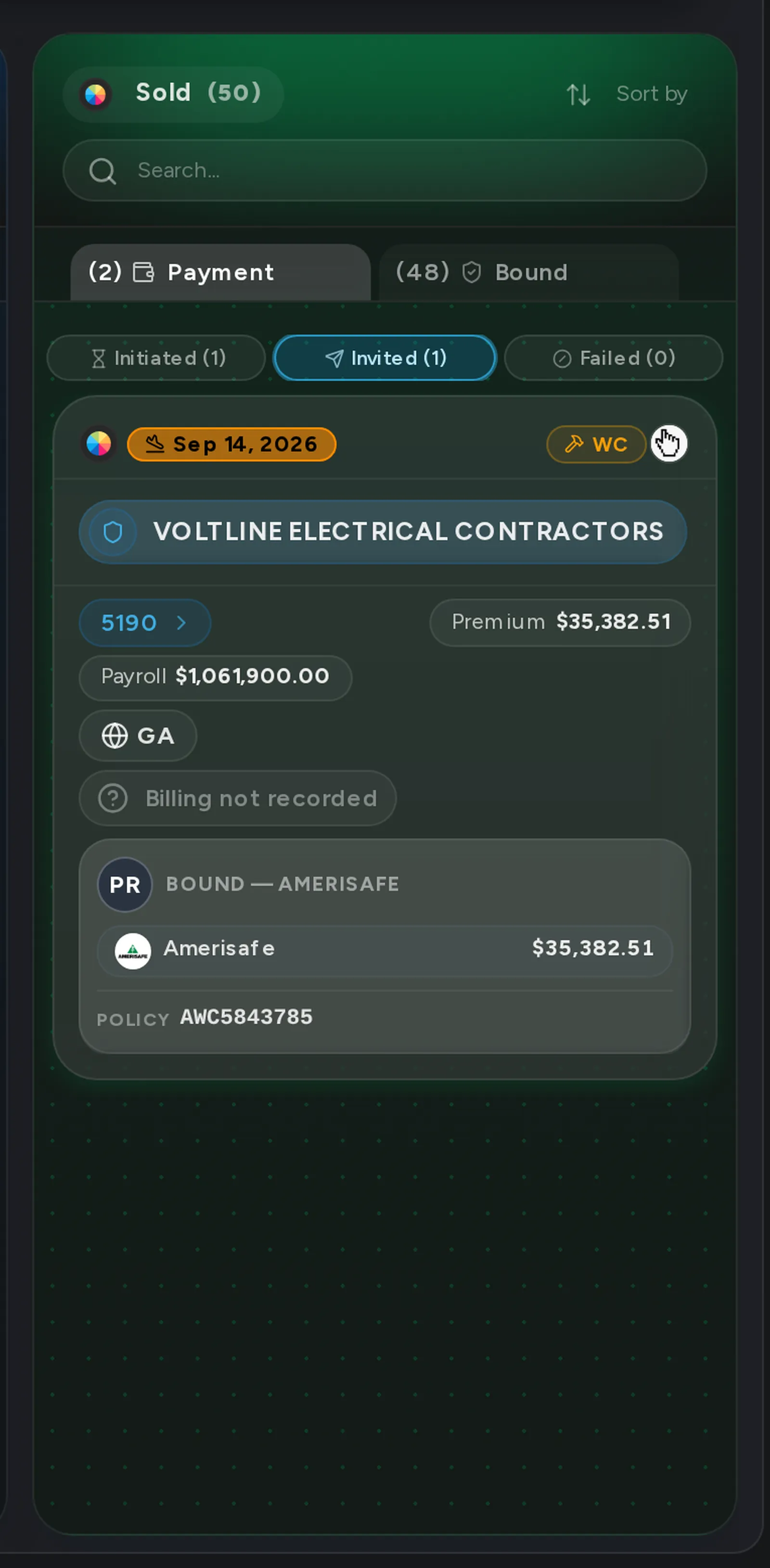 A close-up of the Invited tab on the Pipeline board, with deals whose payment link is out.
