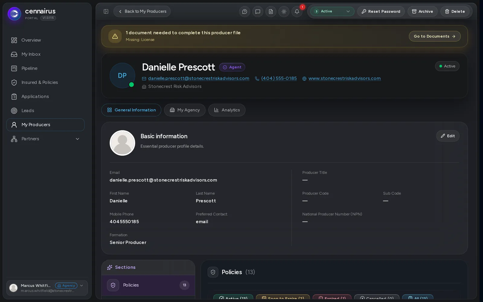 A producer's detail page, showing performance.