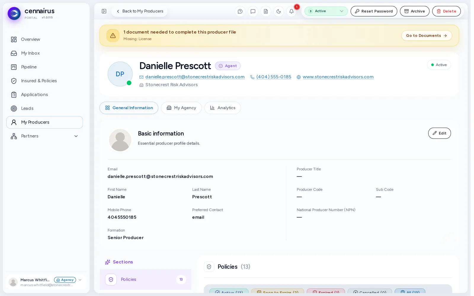 A producer's detail page, showing performance.