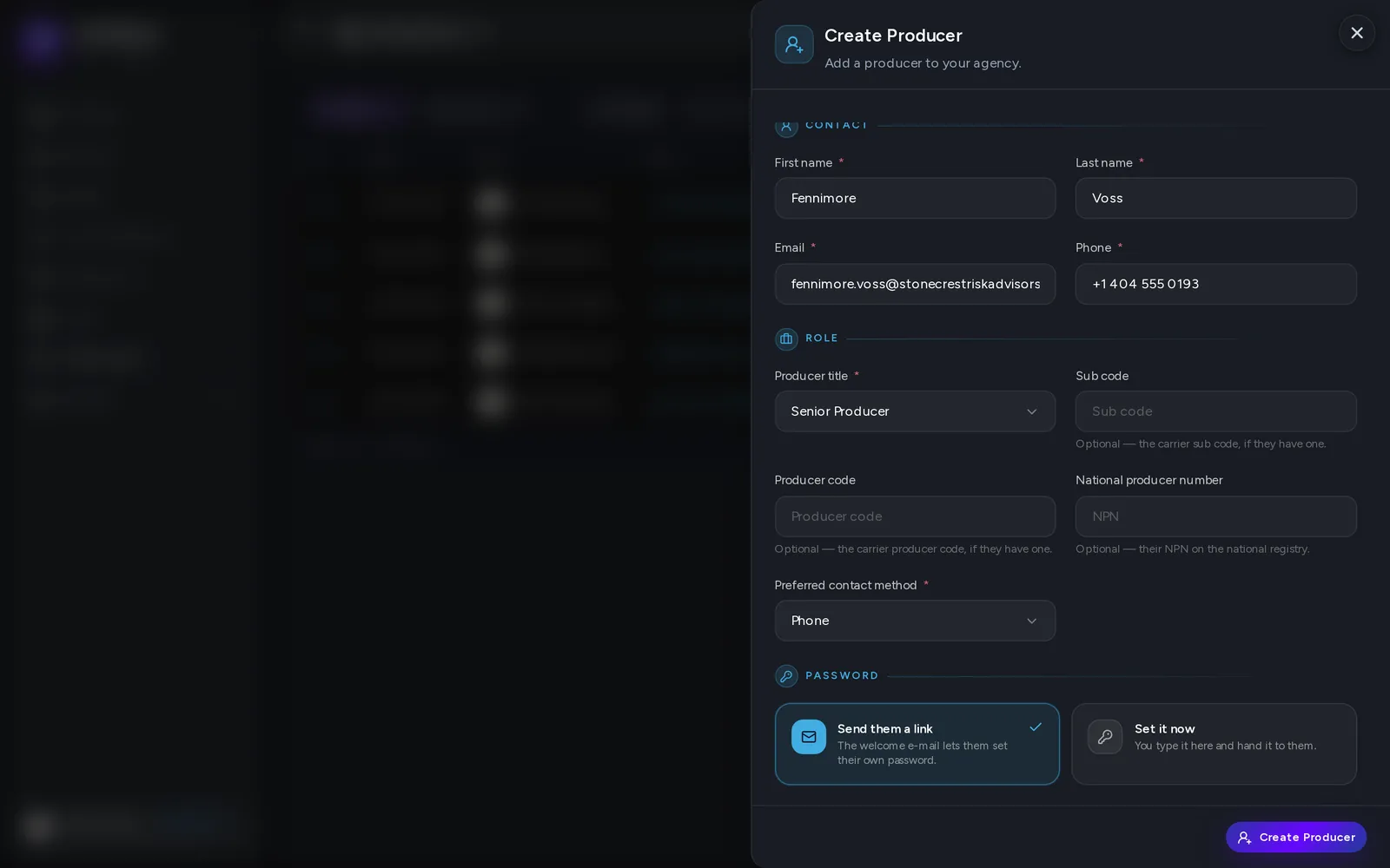 The Add Producer form, open on My Producers.
