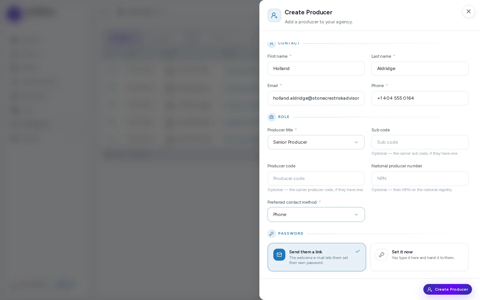 The Add Producer form, open on My Producers.