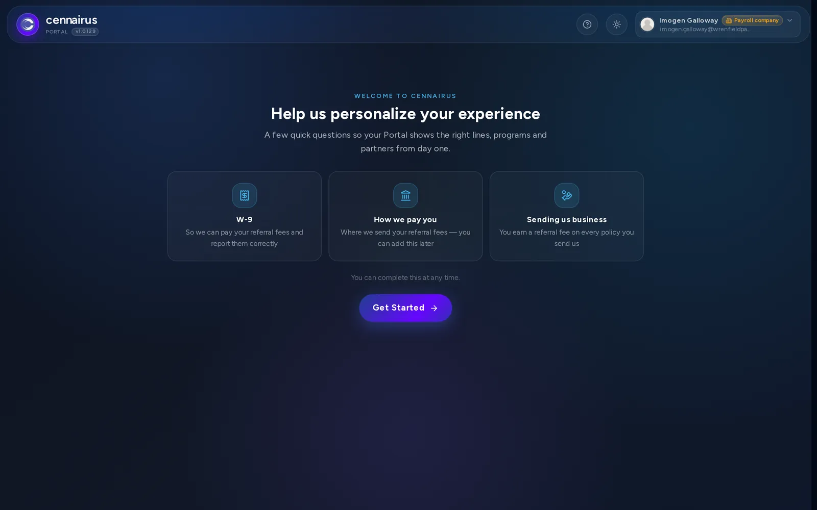 The first screen of a referral partner's setup, with its three parts.