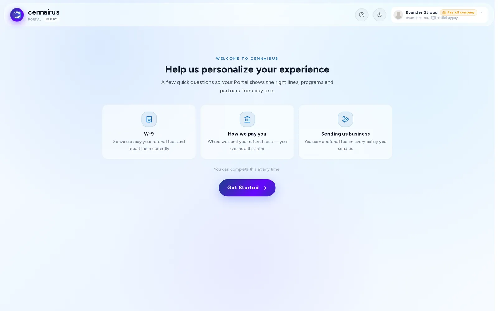 The first screen of a referral partner's setup, with its three parts.