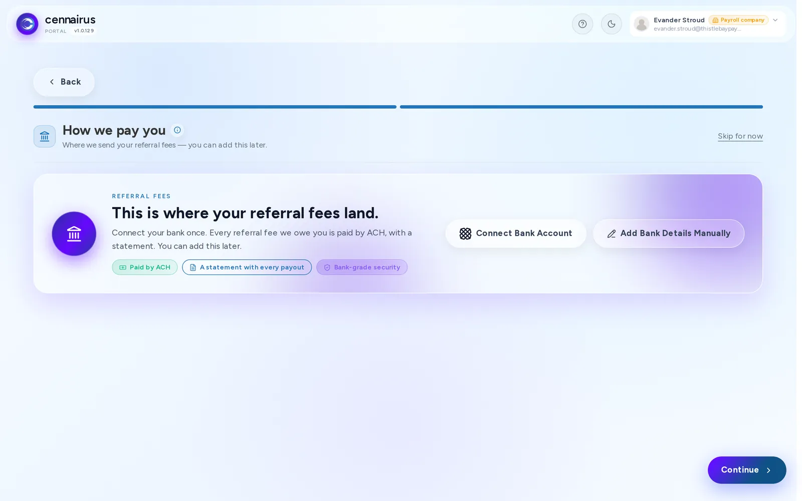 The How we pay you step, with Connect Bank Account and Add Bank Details Manually.