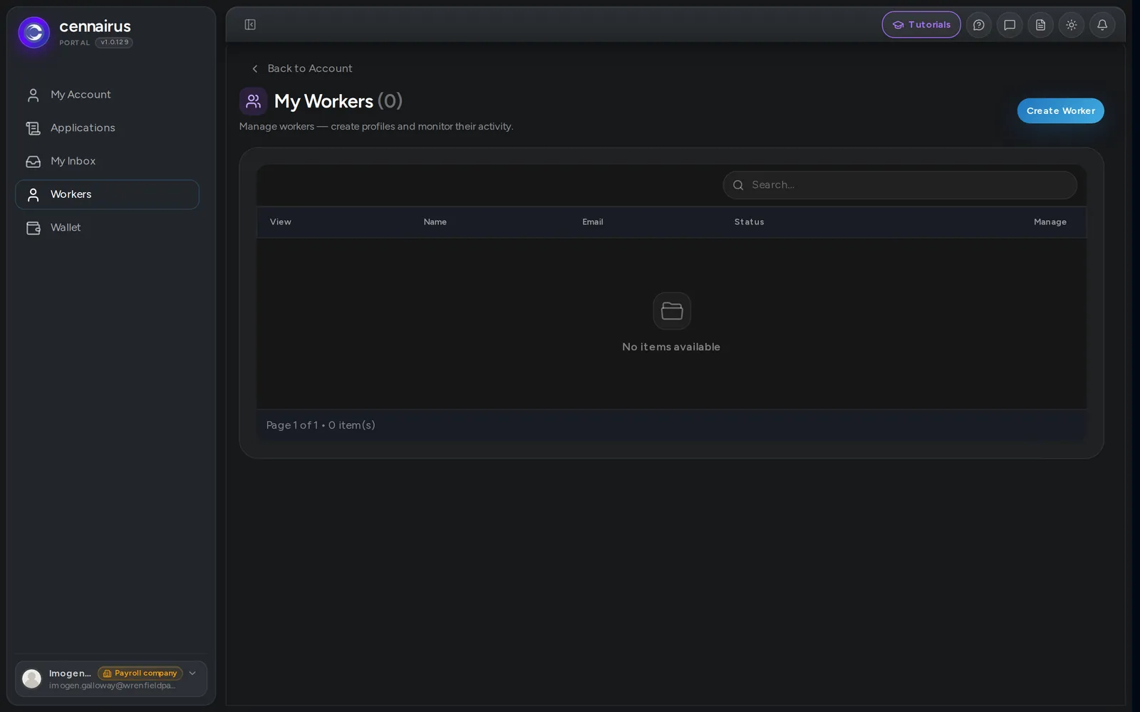 The Workers page, with its Create Worker button.