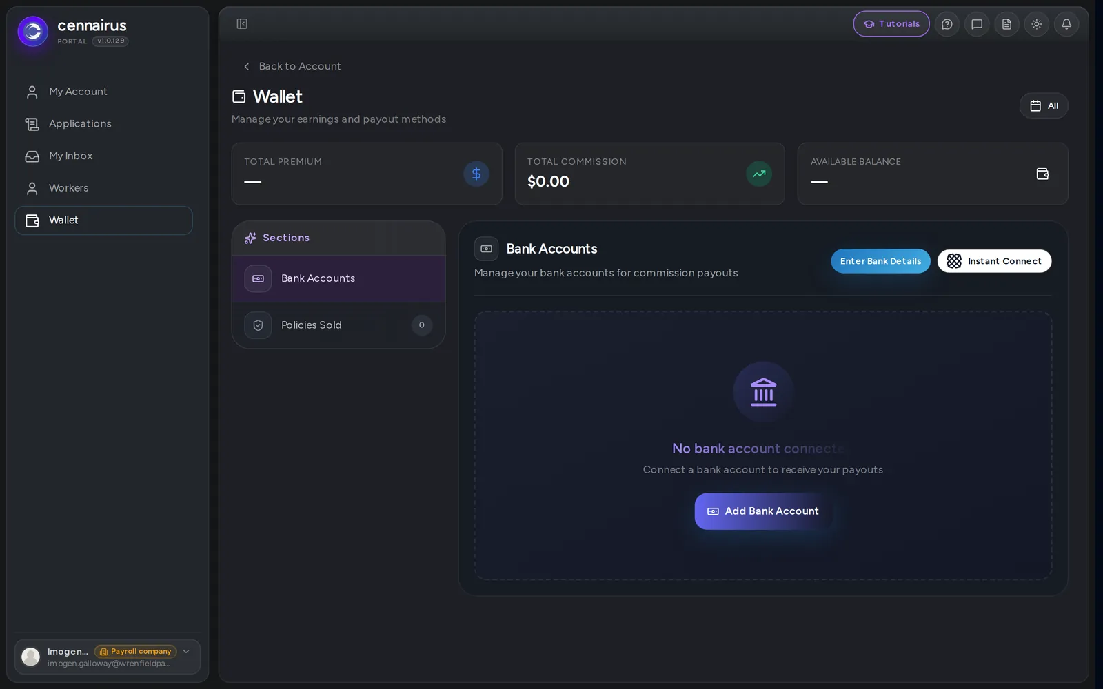 The Wallet page of a new partner, before a bank account is added.