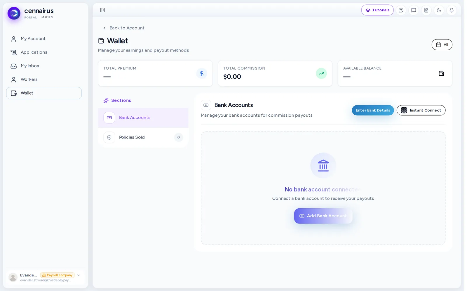 The Wallet page of a new partner, before a bank account is added.
