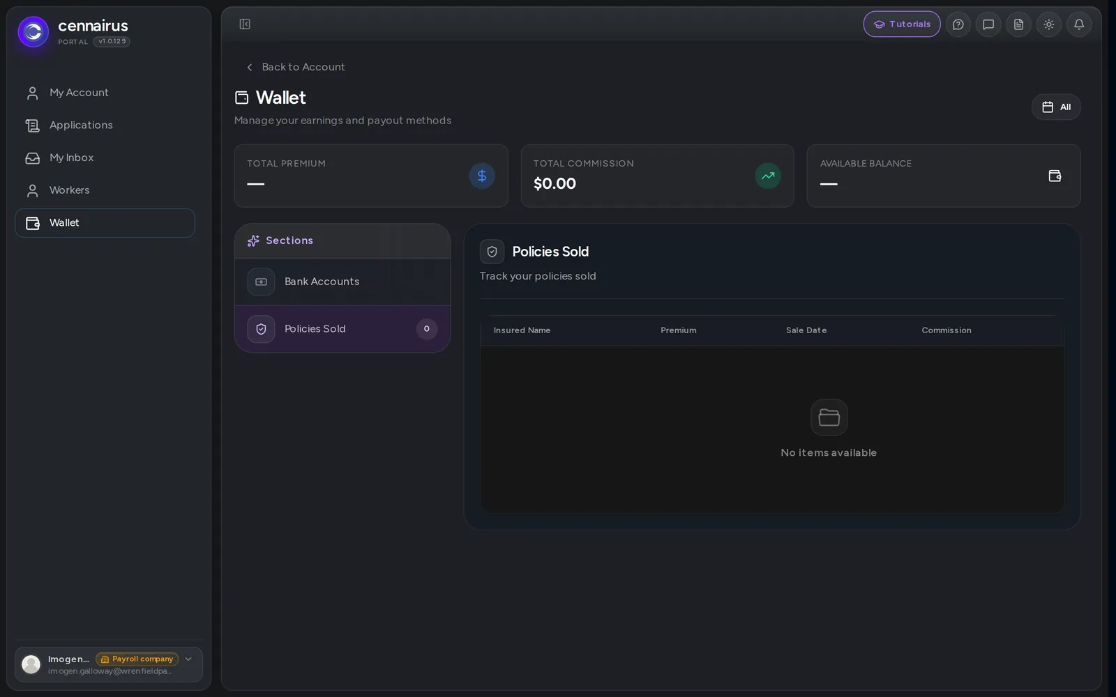 The Policies Sold part of the Wallet.