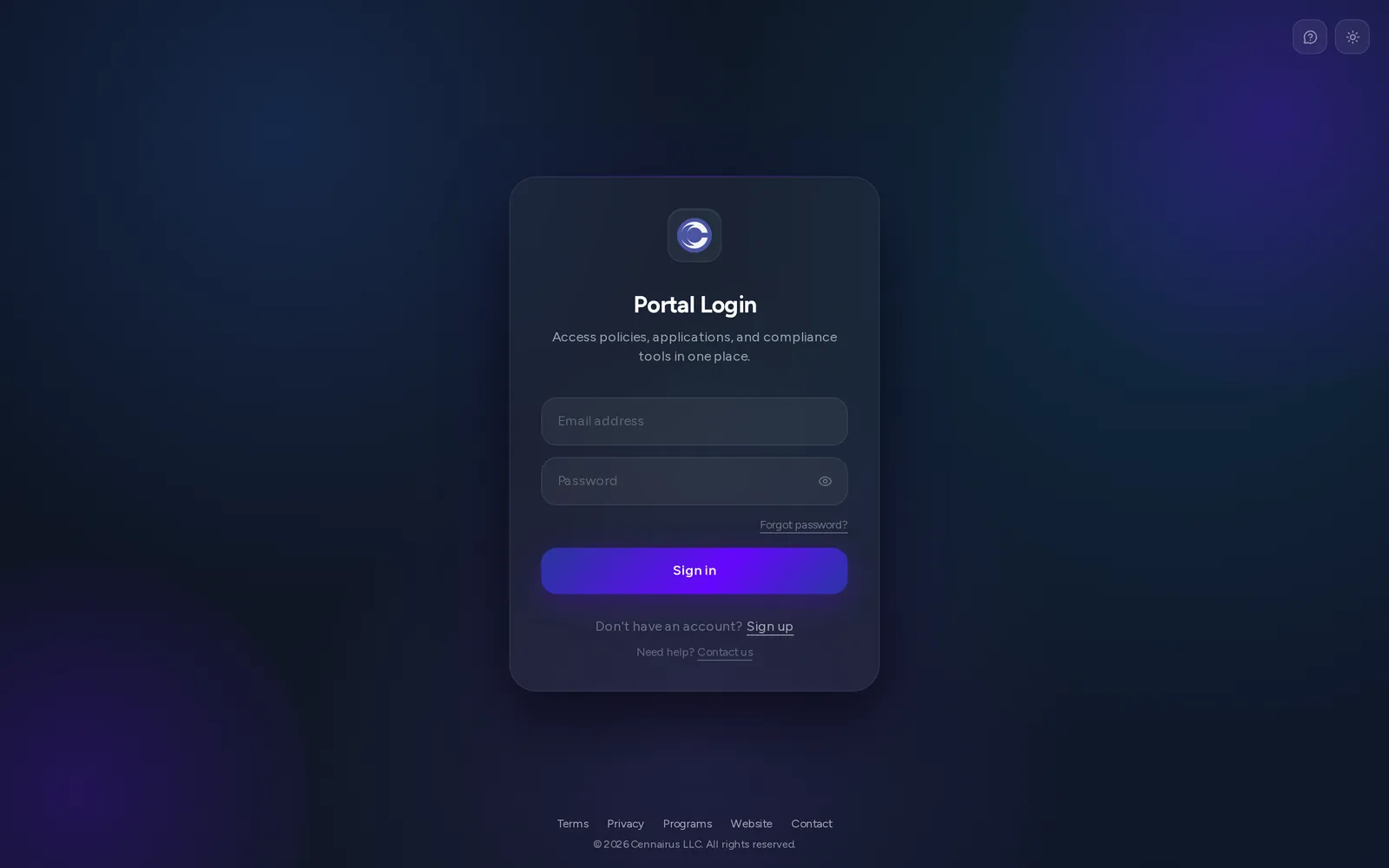 The Cennairus Portal sign-in page.