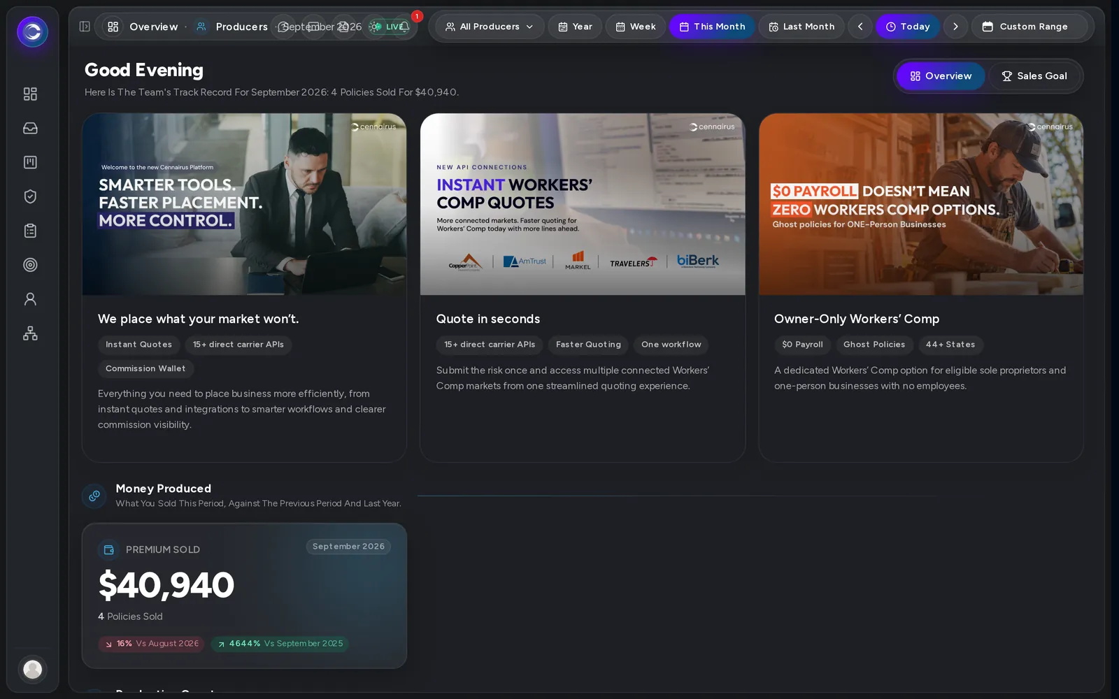 The agency Overview page, showing this month's sales goal.