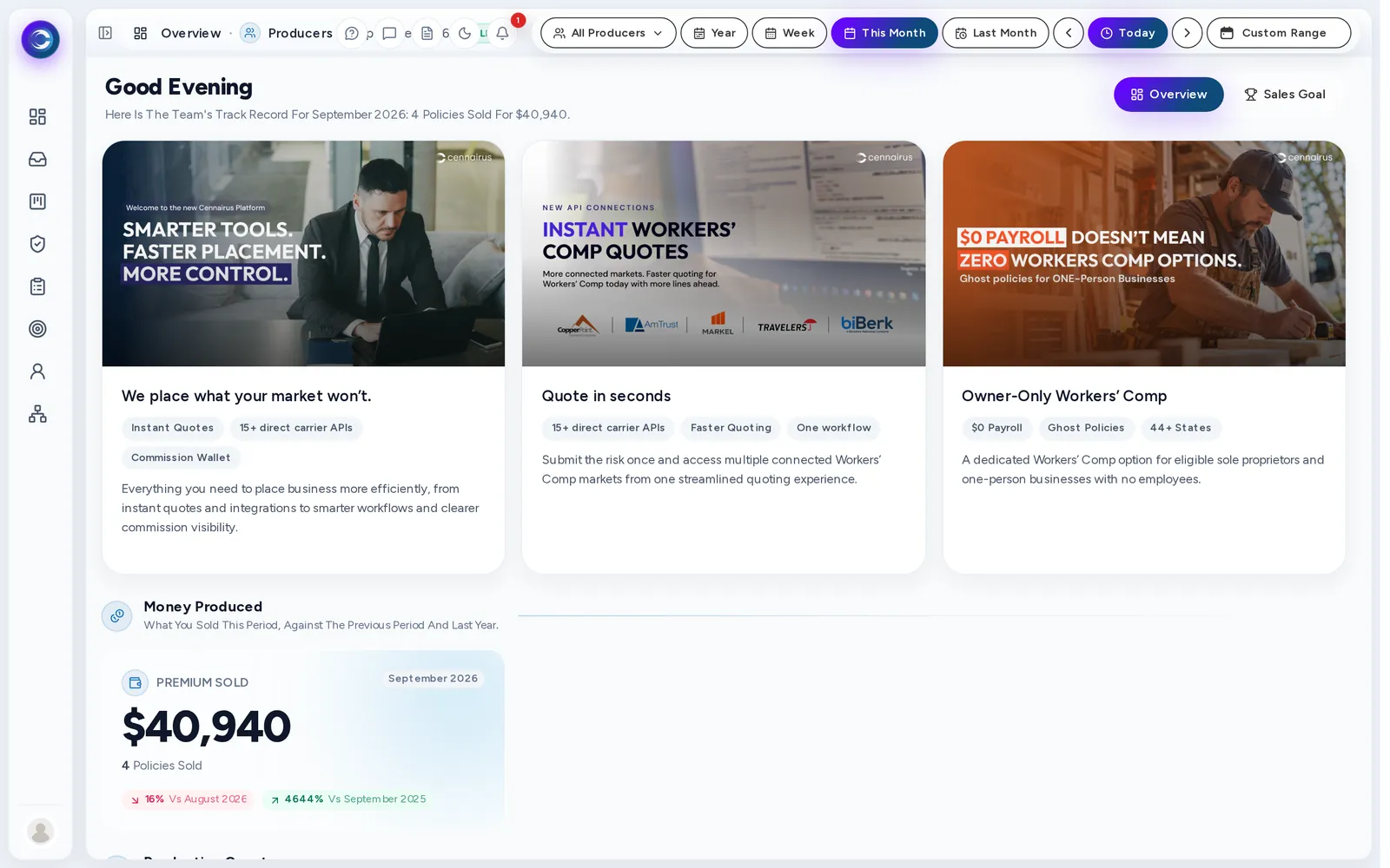 The agency Overview page, showing this month's sales goal.