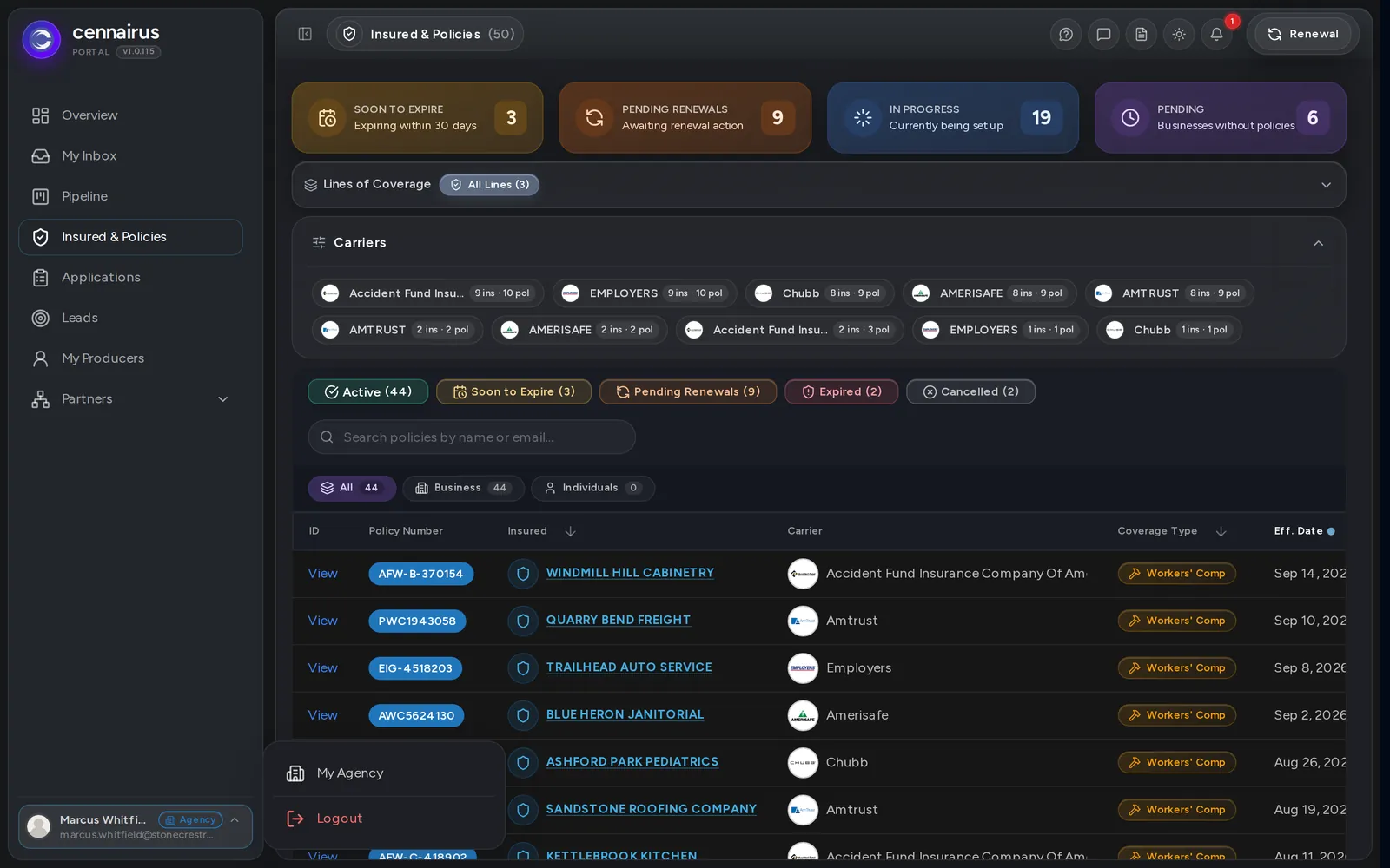 The avatar menu open, showing My Agency and Logout.