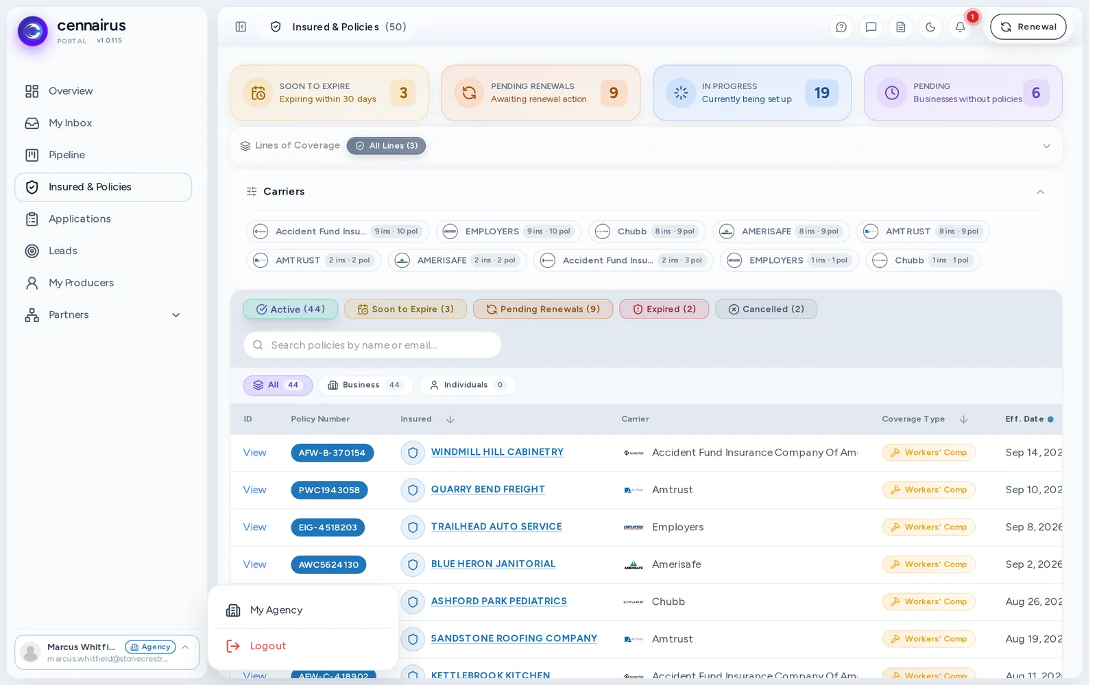 The avatar menu open, showing My Agency and Logout.