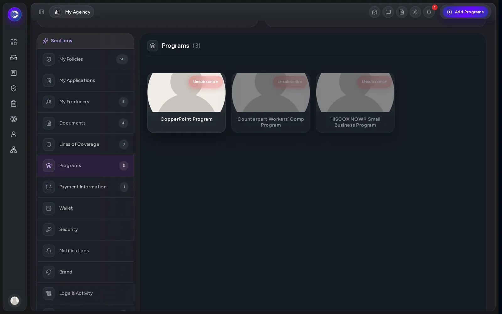 My Agency page, on the Programs tab.