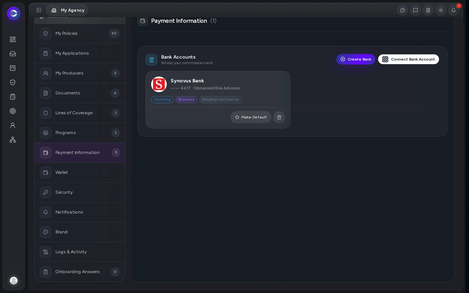 My Agency page, on the Payment Information tab.