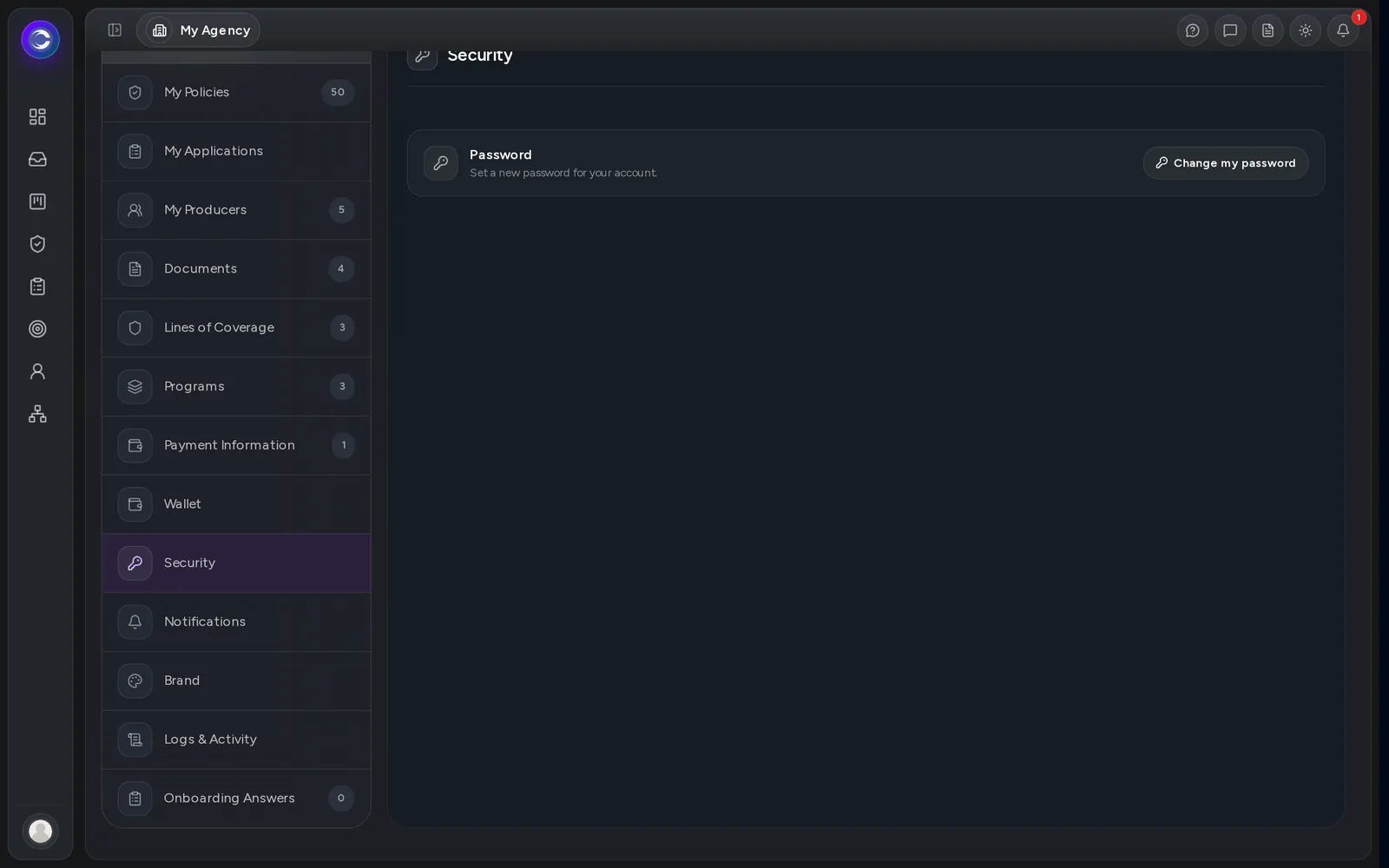 My Agency page, on the Security tab.