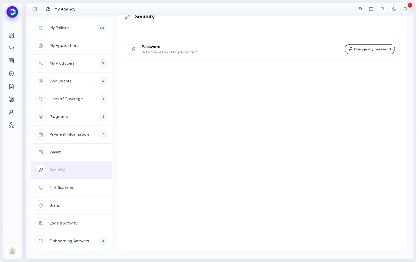 My Agency page, on the Security tab.