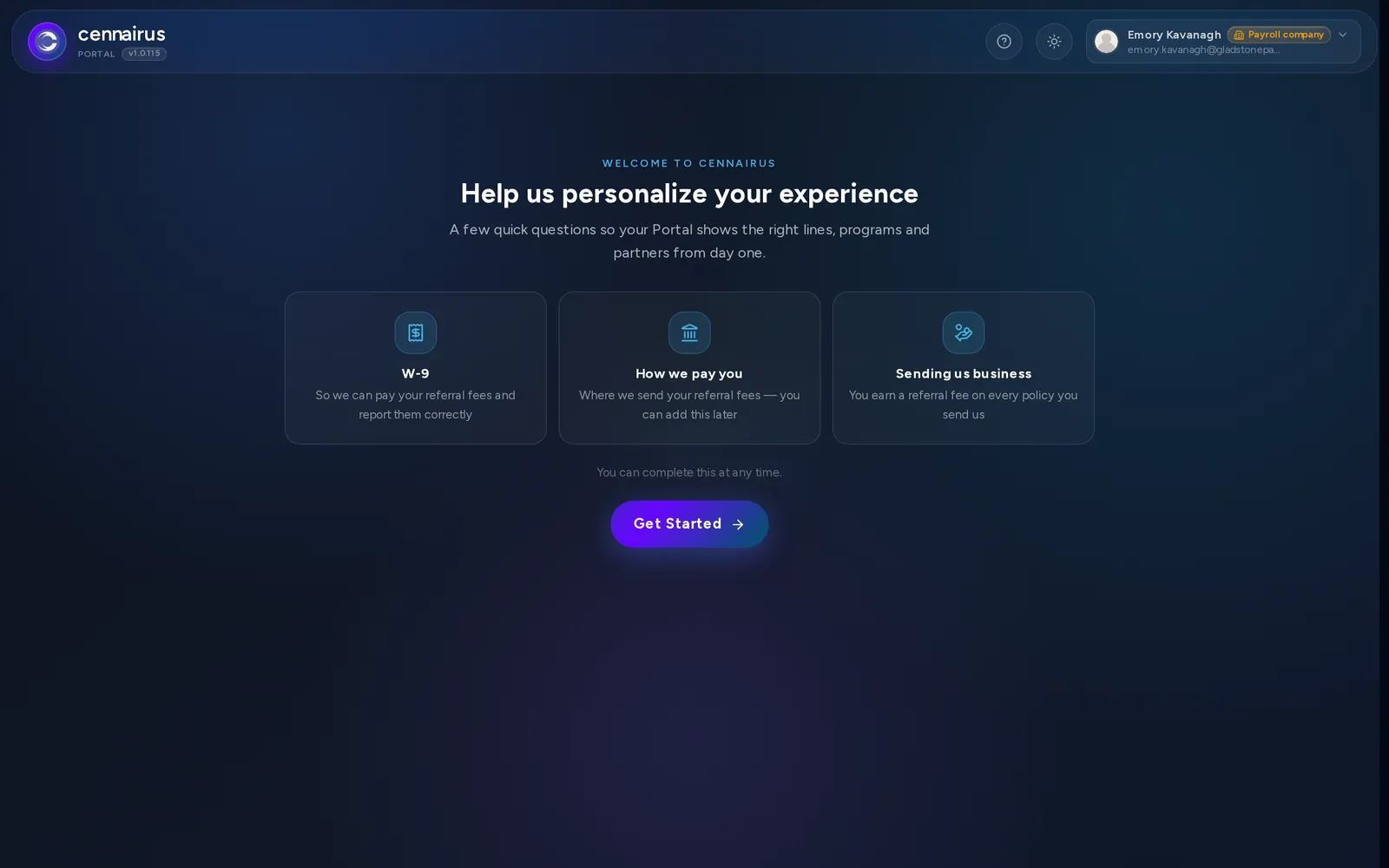 The referral partner welcome screen, listing your W-9, how we pay you, and sending us business.