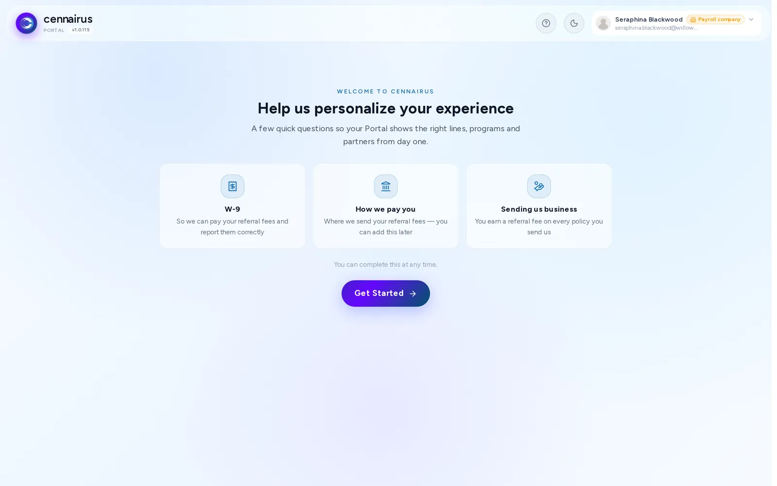 The referral partner welcome screen, listing your W-9, how we pay you, and sending us business.