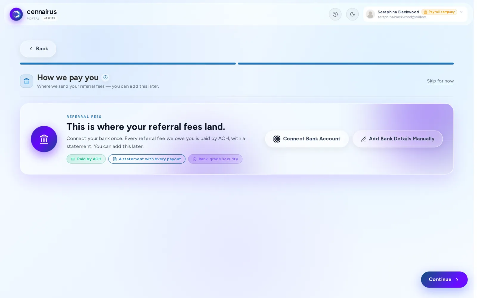 The How we pay you step, with the option to add bank details manually.