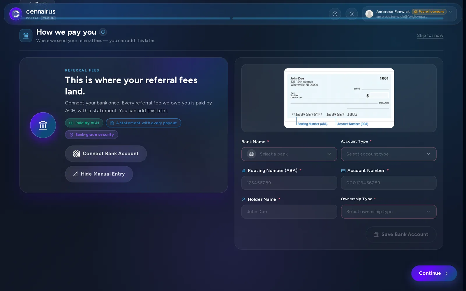 The Create Bank Account form, empty: bank name, account type, routing number, account number, holder name, ownership type.