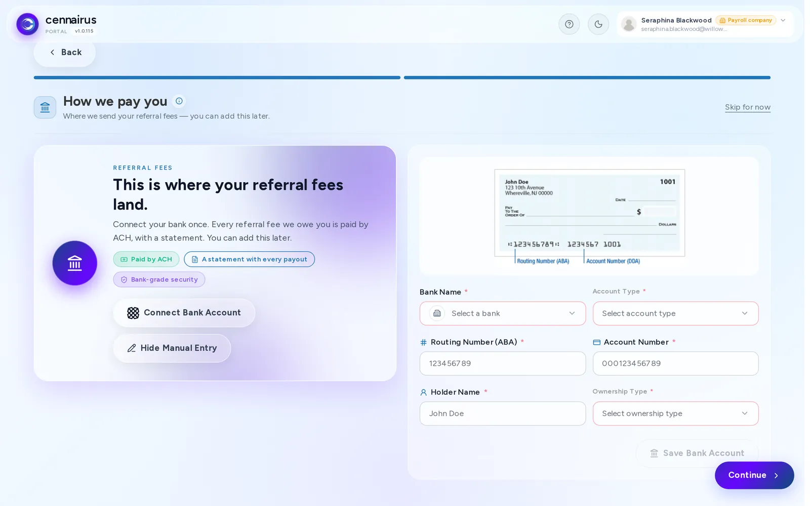 The Create Bank Account form, empty: bank name, account type, routing number, account number, holder name, ownership type.