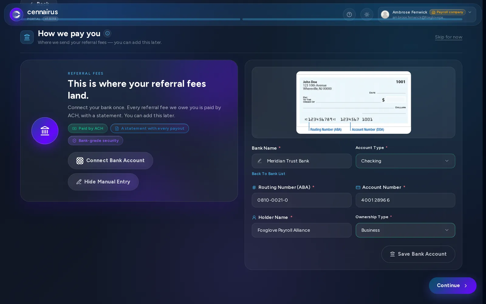 The Create Bank Account form, filled in with a real bank name, routing number, account number, holder name and ownership type.