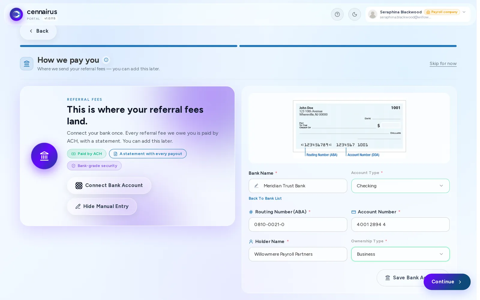 The Create Bank Account form, filled in with a real bank name, routing number, account number, holder name and ownership type.